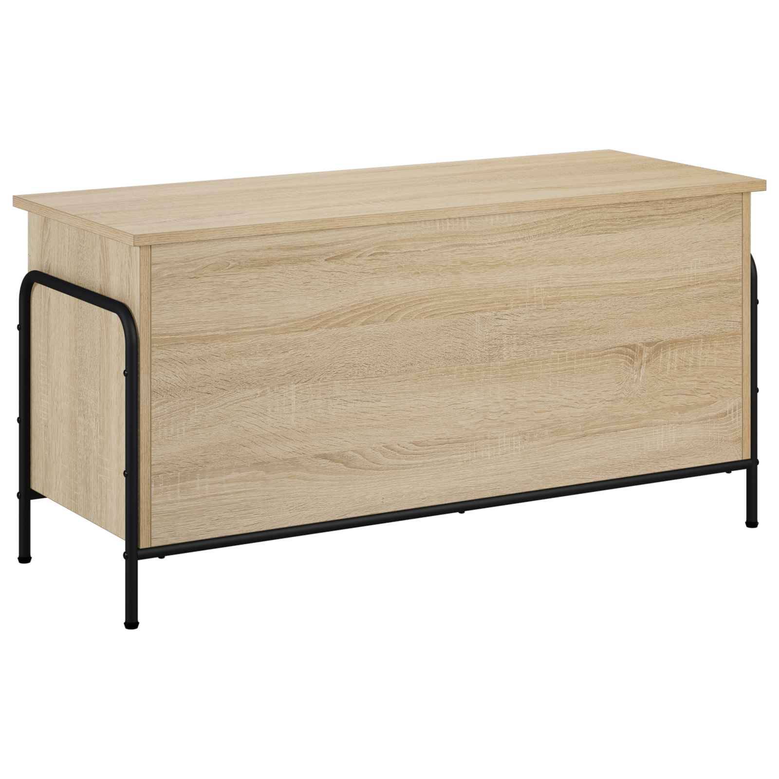 Helles Holzlagerschrank mit schwarzem Metallrahmen und Beinen auf weißem Hintergrund.