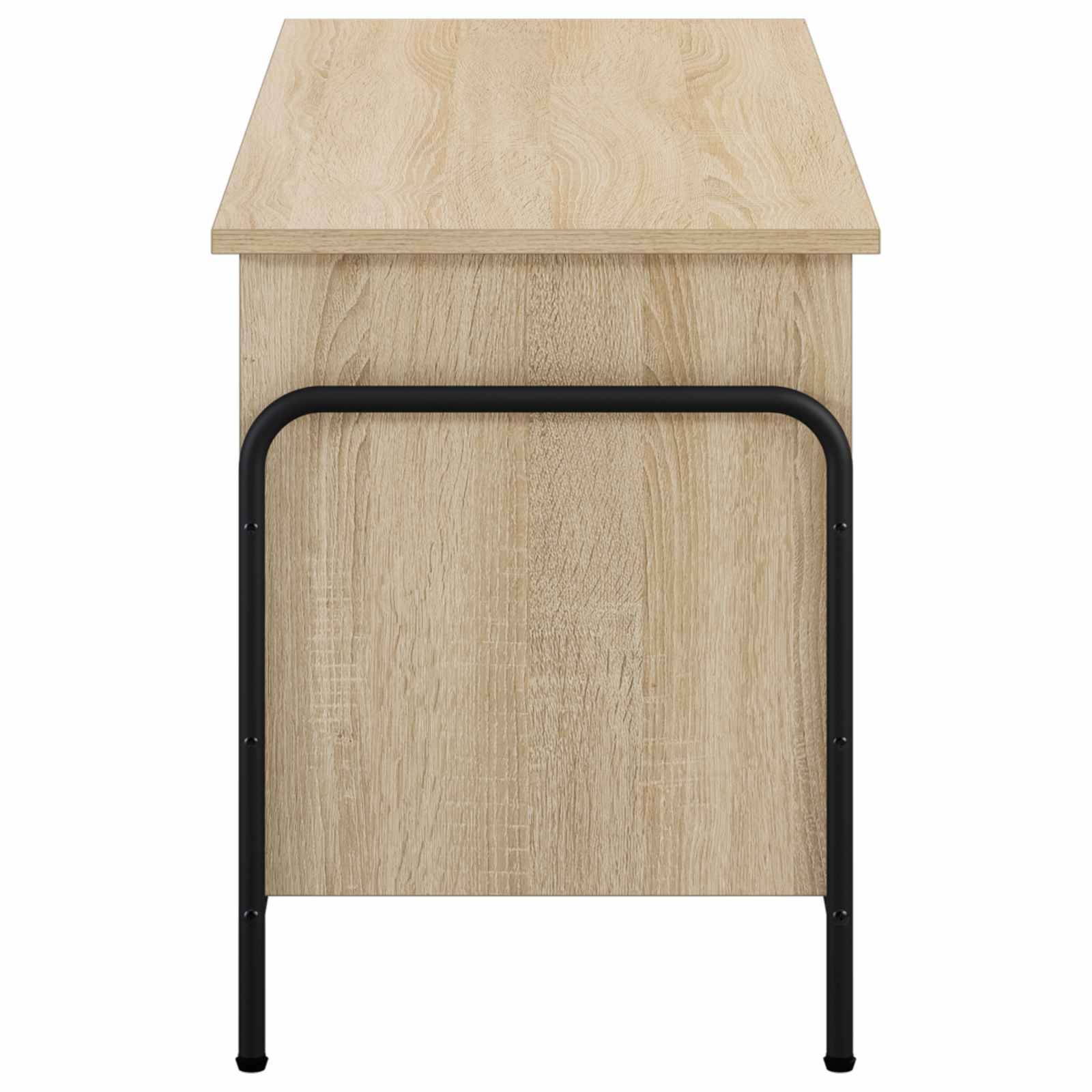 Heller Holzschreibtisch oder Schrank mit flacher Oberfläche und schwarzem Metallrahmen, in Vorderansicht auf weißem Hintergrund dargestellt.