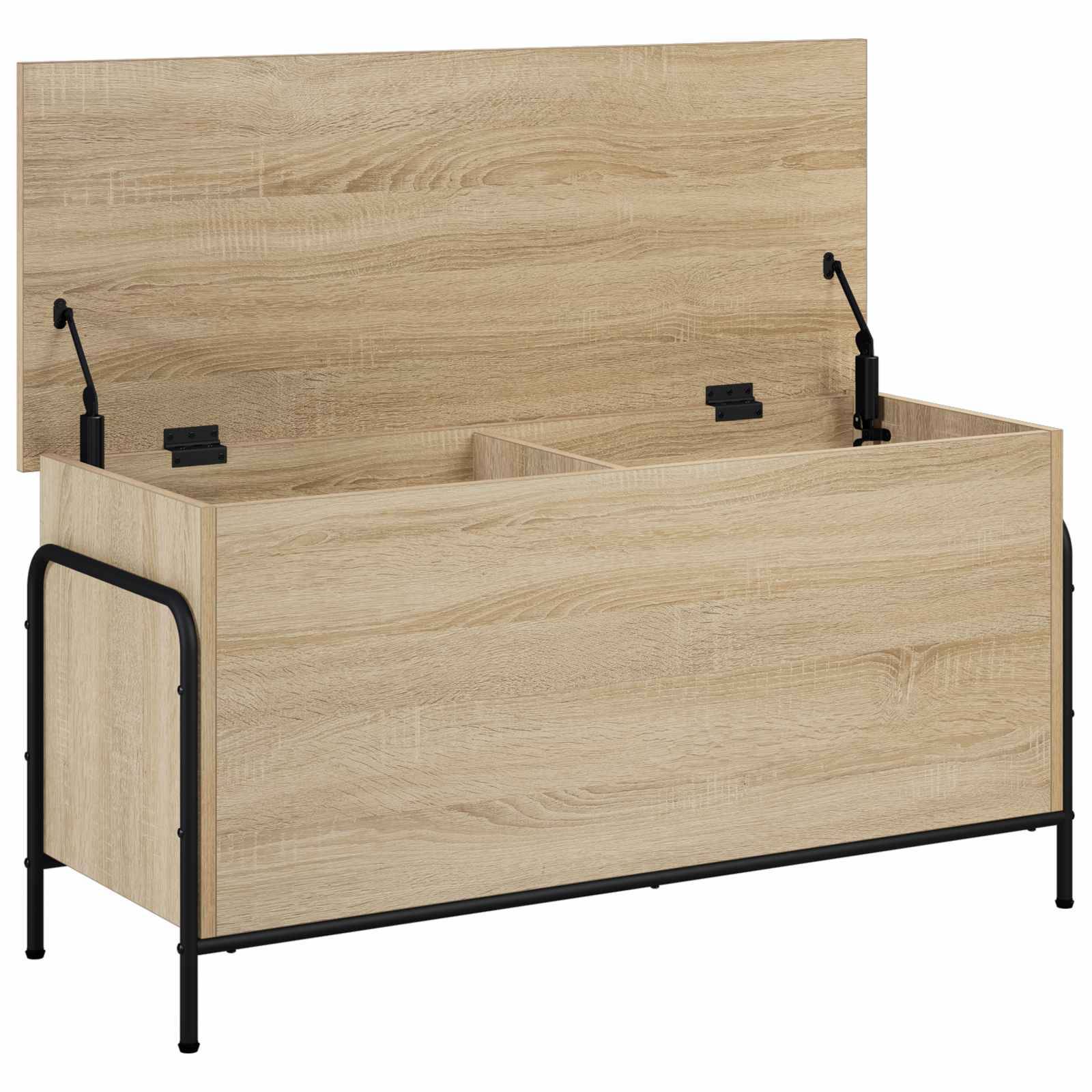 Offene Holzlagerbank mit Deckel zum Hochklappen und unterteiltem Innenraum auf schwarzem Metallrahmen.