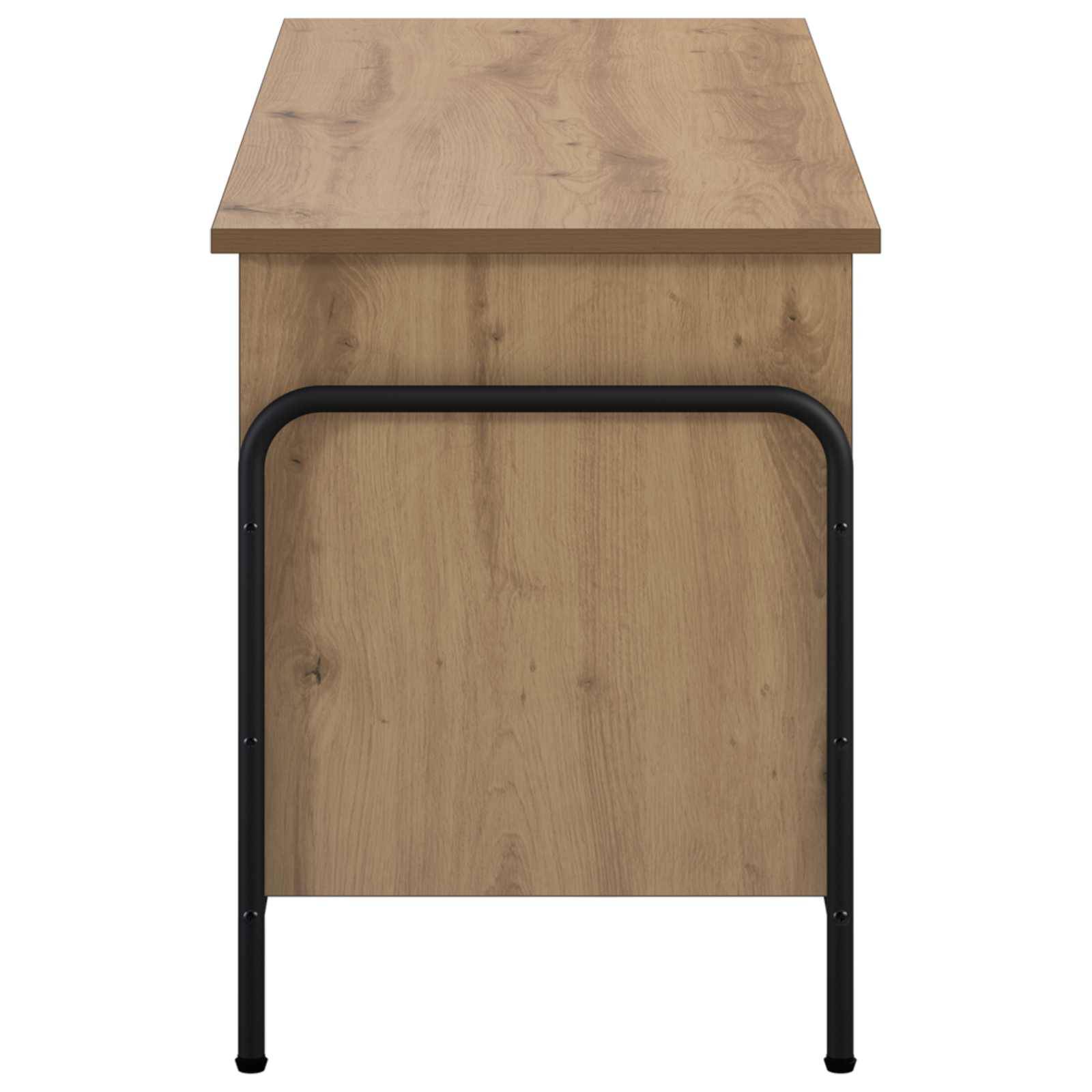 Holzschreibtisch mit hellem Eichenfurnier und schwarzen Metallbeinen, Vorderansicht auf weißem Hintergrund.