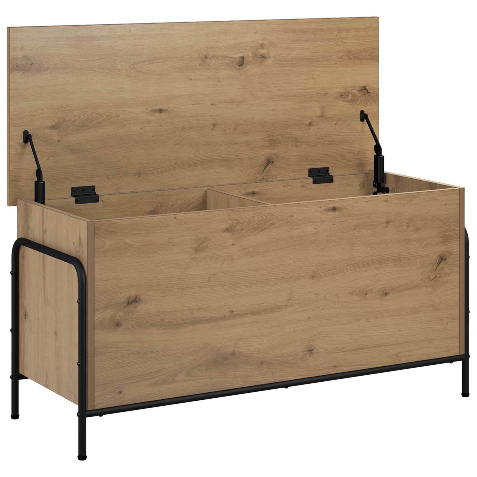 Holzlagerbank mit Klappdeckel, unterteilten Innenfächern und schwarzem Metallrahmen auf weißem Hintergrund.