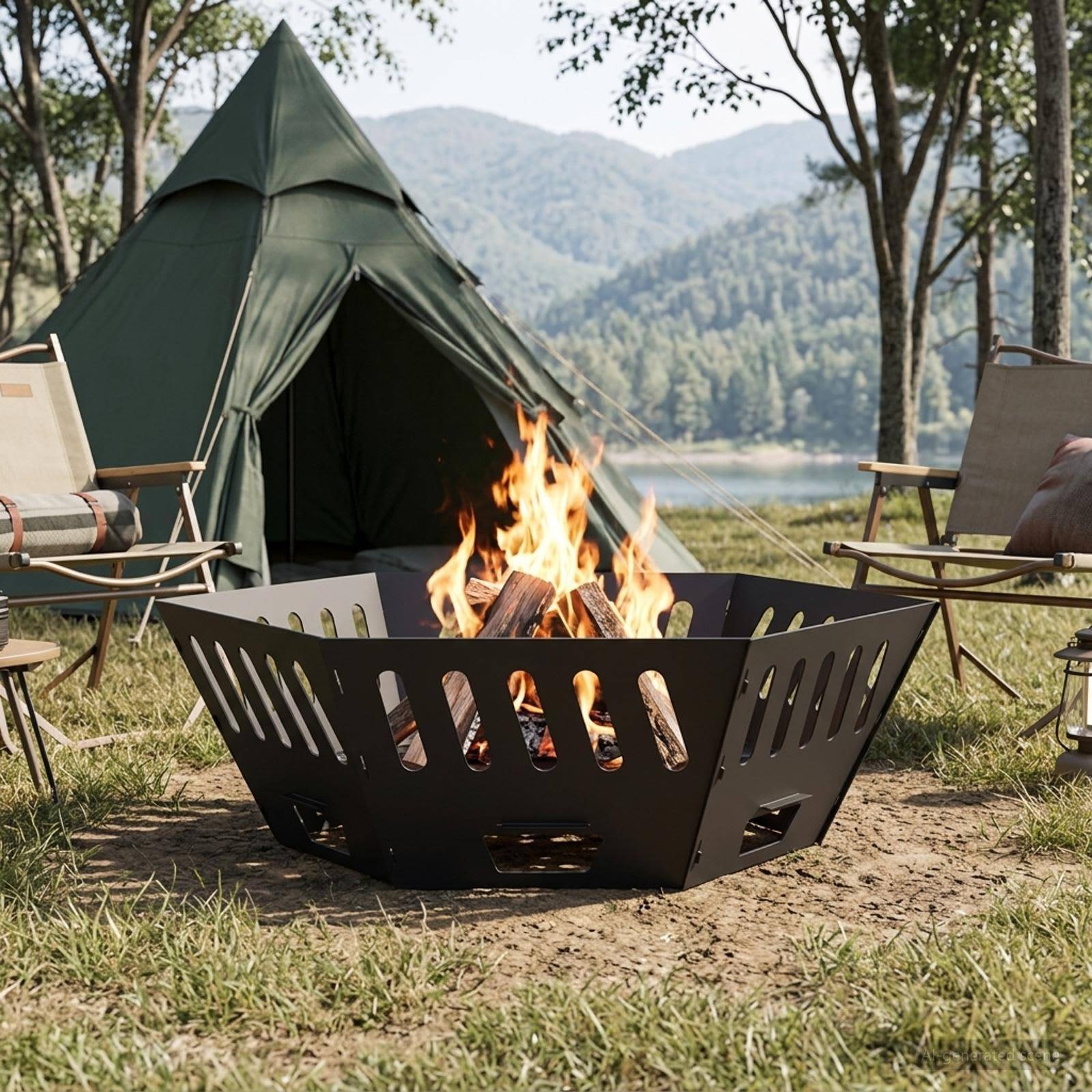 Ein Lagerfeuer brennt in einer Metallfeuergrube neben einem grünen Zelt und Stühlen an einem Campingplatz am Seeufer mit Bergen im Hintergrund.