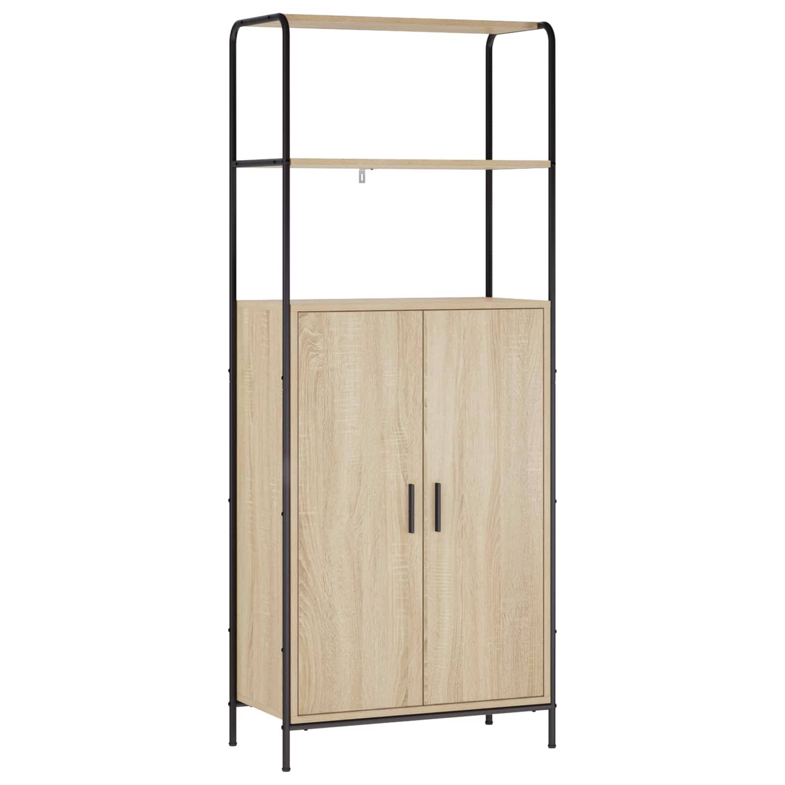 Hohes Schrank aus schwarzem Metall und hellem Holz mit zwei Türen und offenem Regalrahmen oben, dargestellt auf weißem Hintergrund.