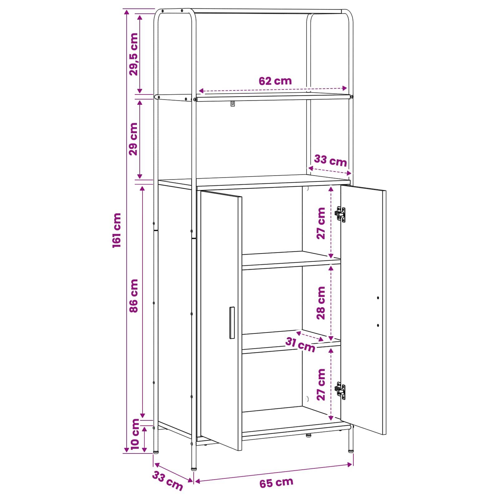 Maßstabgerechte Linienzeichnung eines hohen Schranks mit offenem Oberregal und unterer zweitüriger Lagerung; beschriftete Abmessungen umfassen 65 cm breit, 33 cm tief und 161 cm hoch.