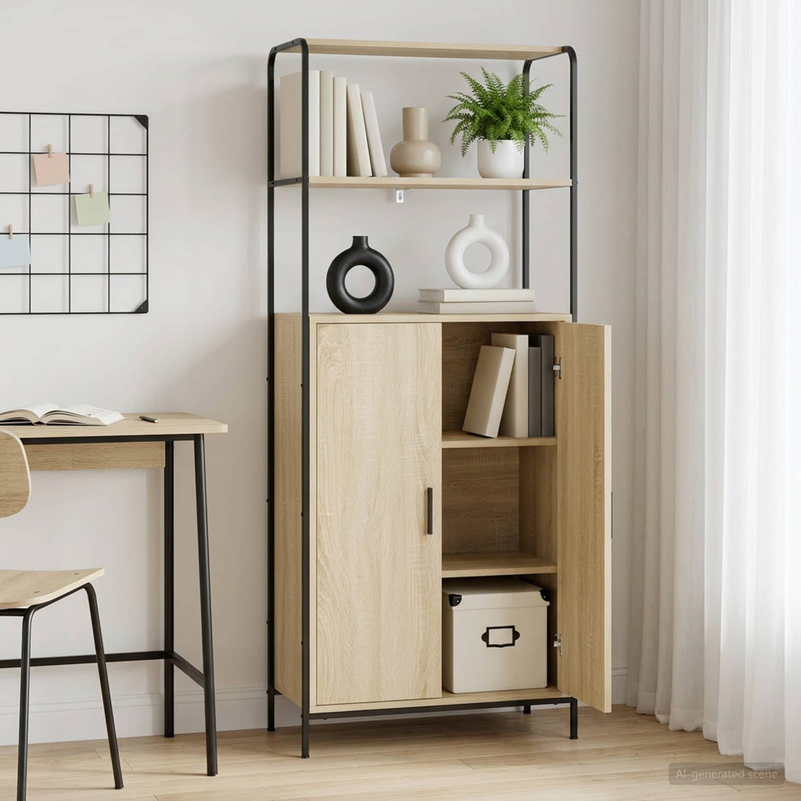 Modernes Homeoffice-Eck mit einem schwarzen Metall- und Holzregal, dekorativen Vasen, Büchern, Pflanze, Schreibtisch, Stuhl und transparenten Vorhängen.