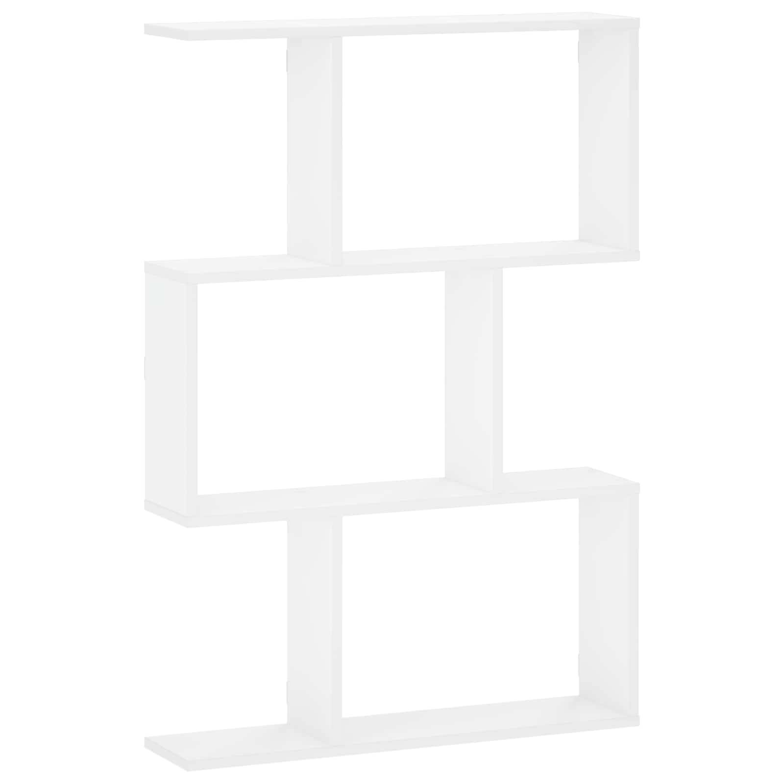Abstrakte weiße 3D-geometrische Regale oder offene Kisten, die in einer versetzten vertikalen Anordnung auf einfachem Hintergrund angeordnet sind.