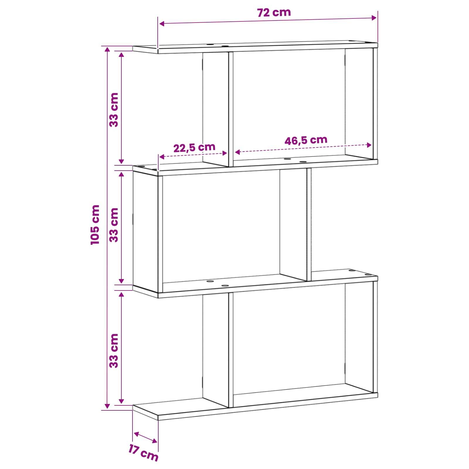 Diagramm einer modularen Regaleinheit mit drei offenen Ebenen; Gesamtgröße 72 cm breit und 105 cm hoch, jede Ebene 33 cm hoch, mit Regaltiefen von 22,5 cm, 46,5 cm und 17 cm.