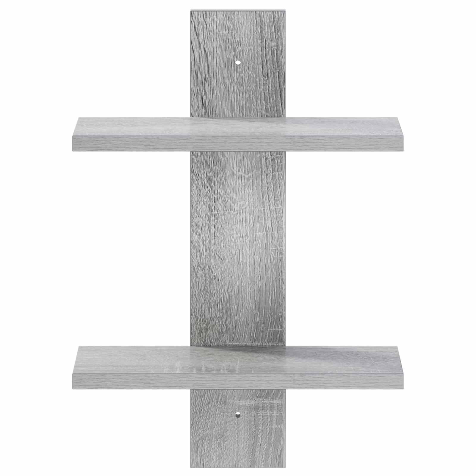 Graues Holzwandregal mit vertikalem Rückwand und zwei horizontalen Regalboden, isoliert auf weißem Hintergrund.