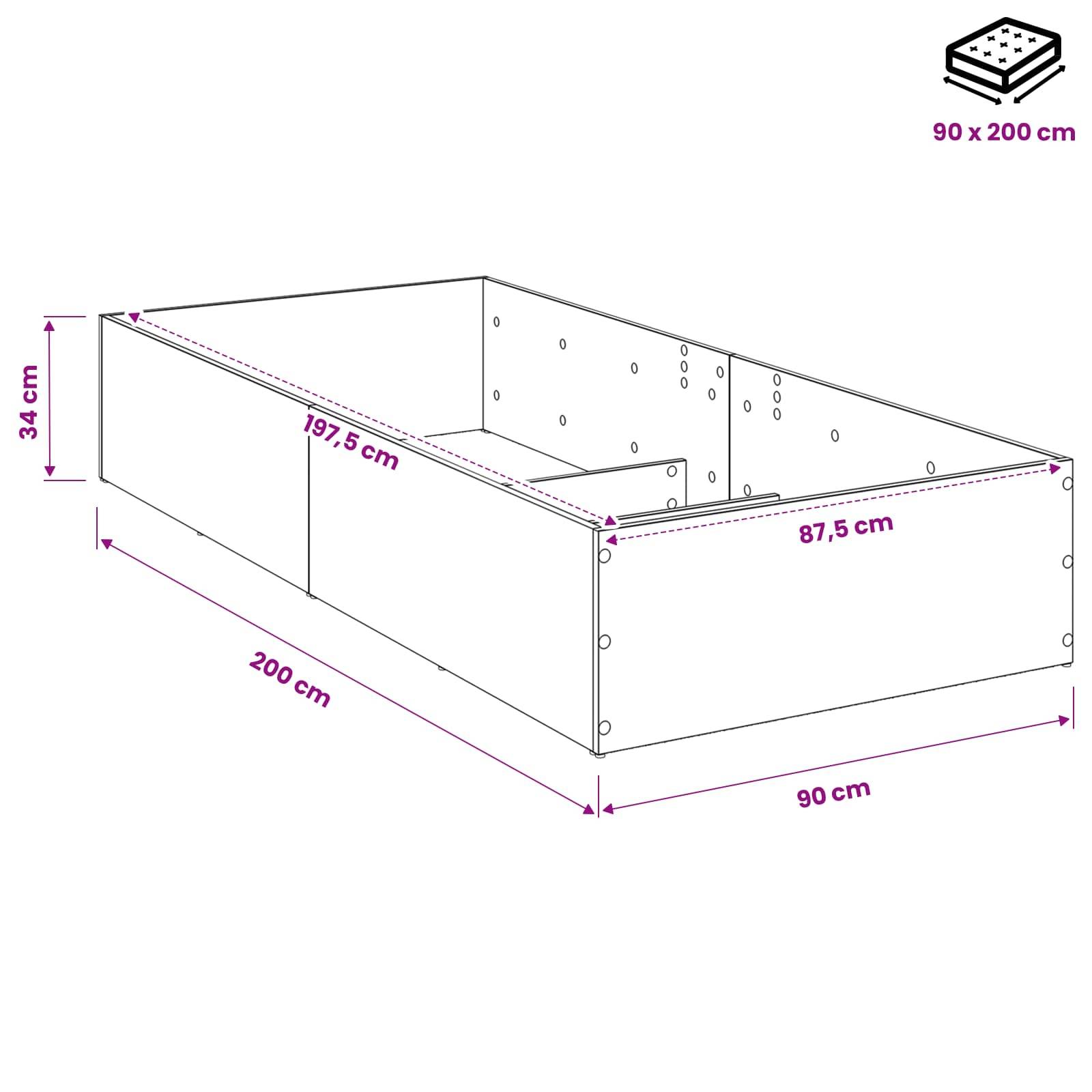 Diagramm einer rechteckigen Lagerkiste mit Abmessungen 200 x 90 x 34 cm und gekennzeichneten Innenmaßen von 197,5 cm und 87,5 cm.