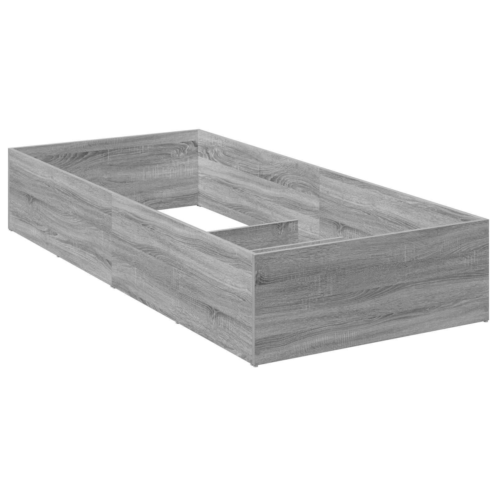 Bettrahmen mit grauer Holzmaserung, Kopfteil und Fußteil, auf weißem Hintergrund abgebildet.