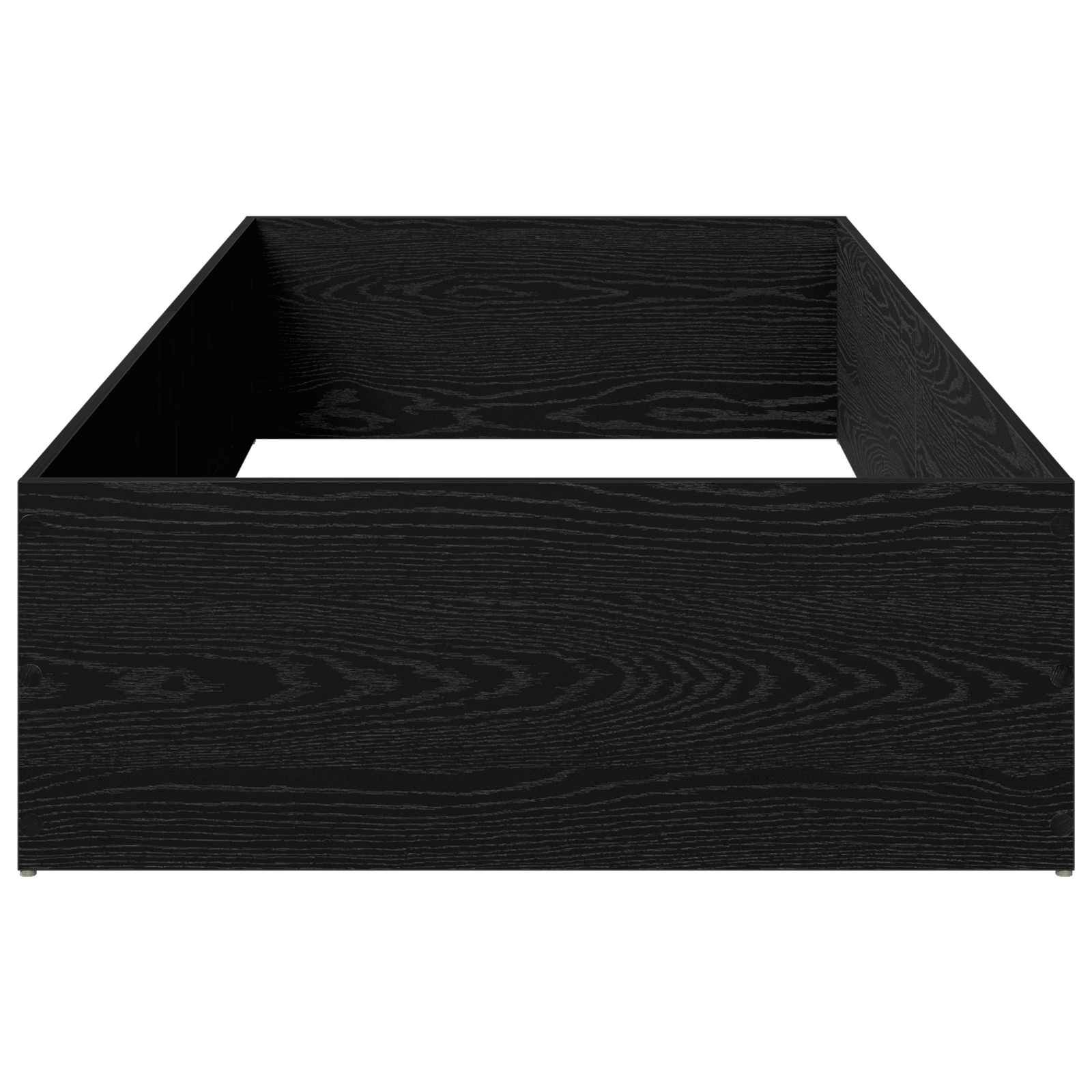 Schwarze Holzmaserung offene Lagerbox oder Bettrahmenbasis von vorne auf weißem Hintergrund betrachtet.