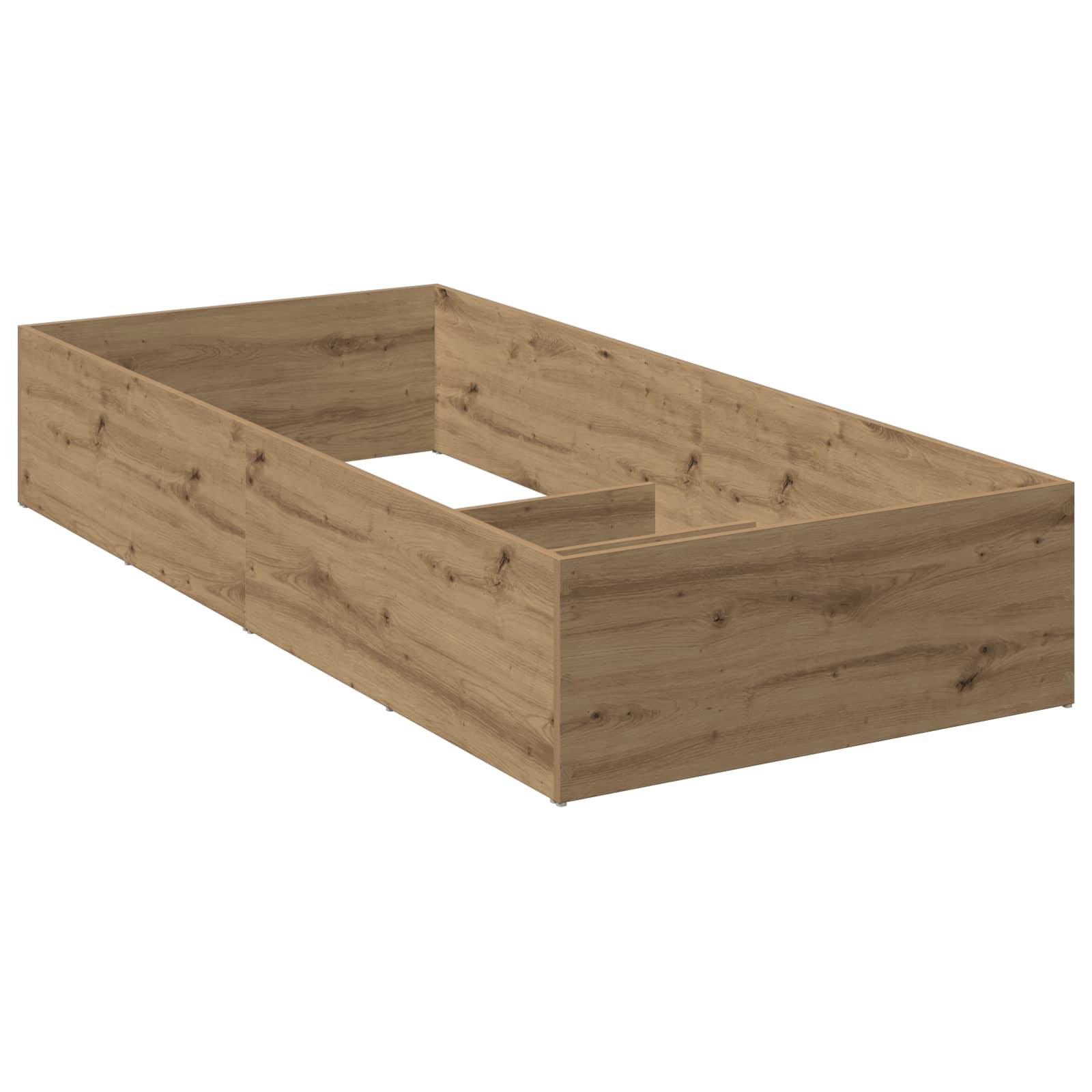 Holzbettrahmen mit niedrigen Seitenschienen und kopfendem rechteckigem Bettgestell, dargestellt auf weißem Hintergrund.