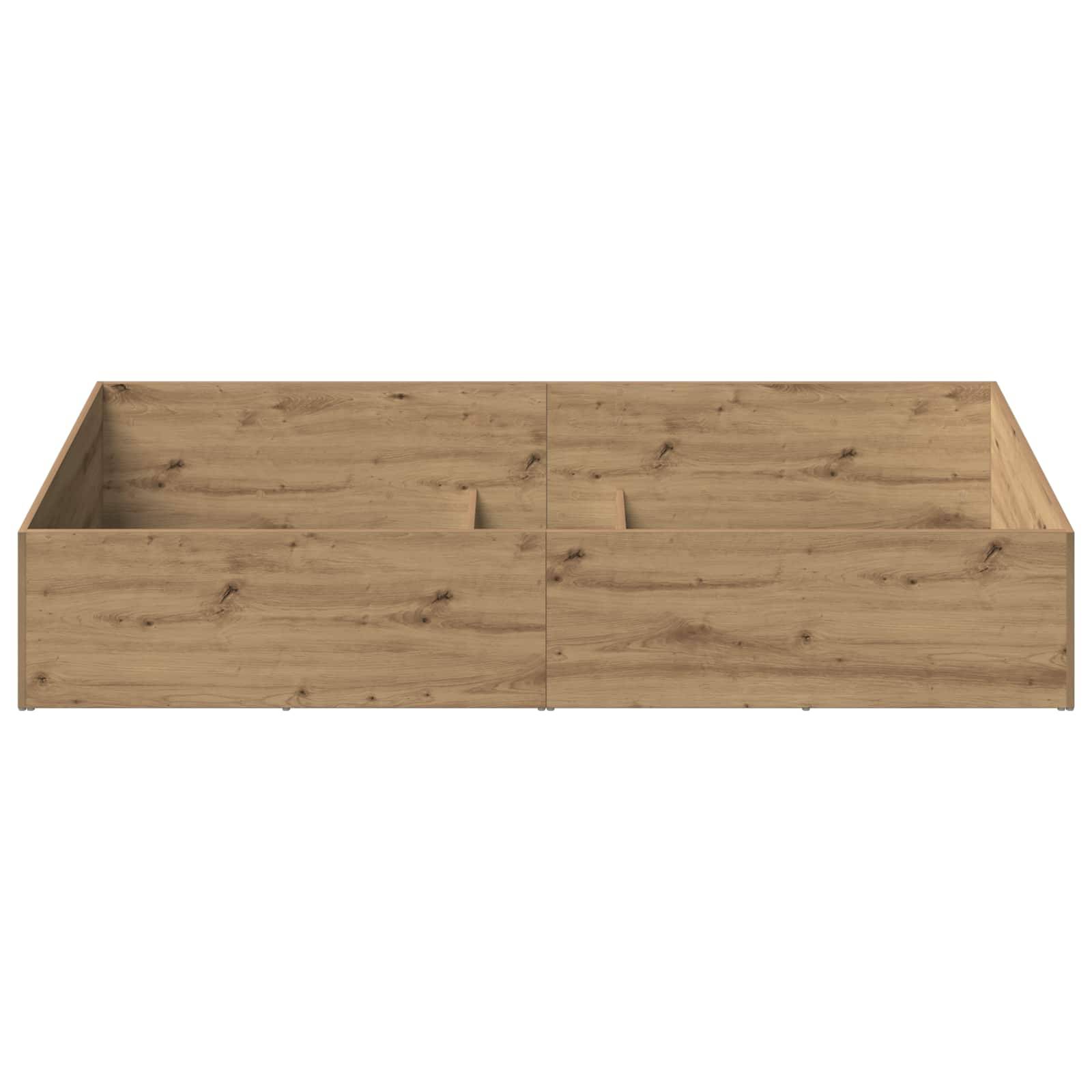 Holzbettrahmen mit integrierten Lagerfächern, vor weißem Hintergrund gezeigt.
