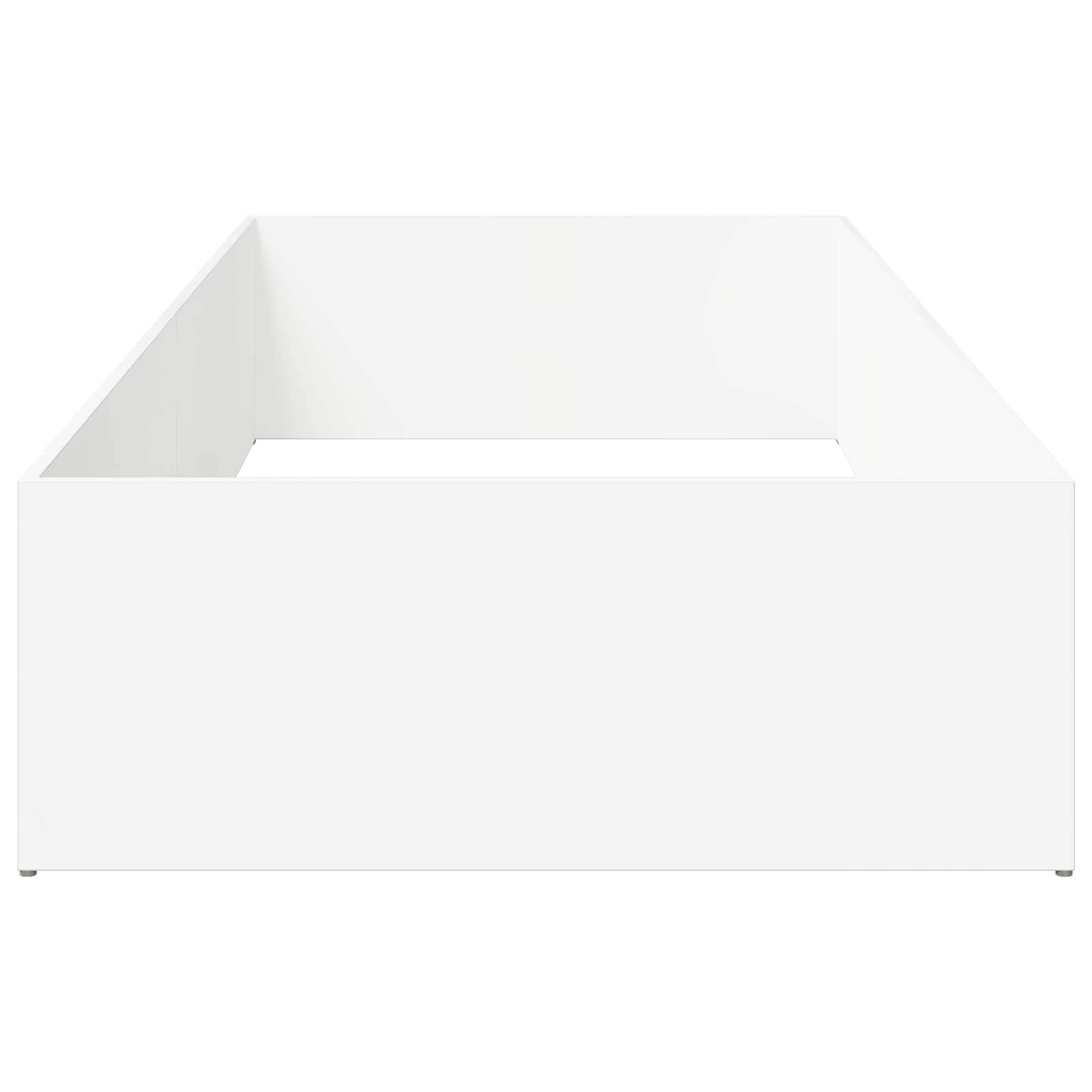 Weiße offene Lagerkiste oder Tablett mit schrägen Seitenpaneelen, gezeigt vor einem neutralen Hintergrund.