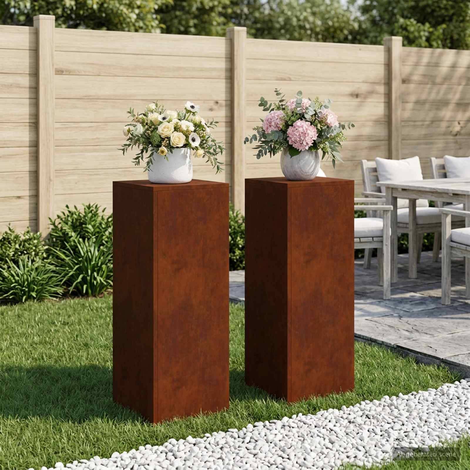 Zwei Blumenarrangements in weißen Vasen auf rostfarbenen Sockeln in einem angelegten Gartenpatio neben Gartenmöbeln zum Essen.