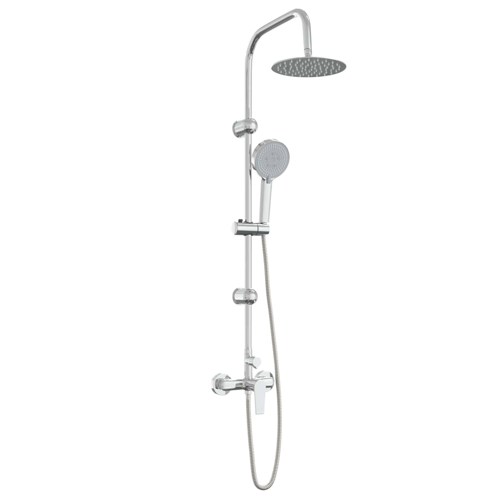 Chromeduschanlagensystem mit Kopfbrause-Regendusche, tragbarer Handbrause und an der Wand montierten Bedienelementen auf weißem Hintergrund.