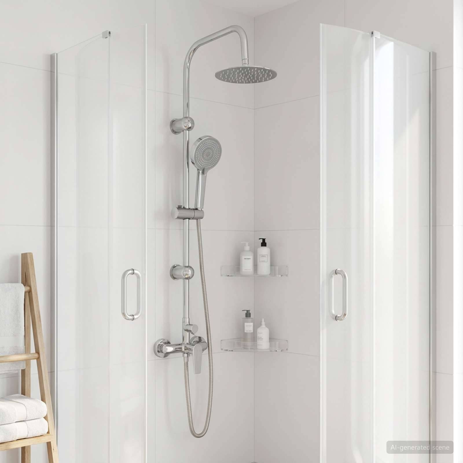 Moderner weißer Duschbereich mit klaren Glastüren, Regendusche und Handbrause, eingebaute Regale mit Toilettenartikeln und Handtücher auf einem Seitenständer.