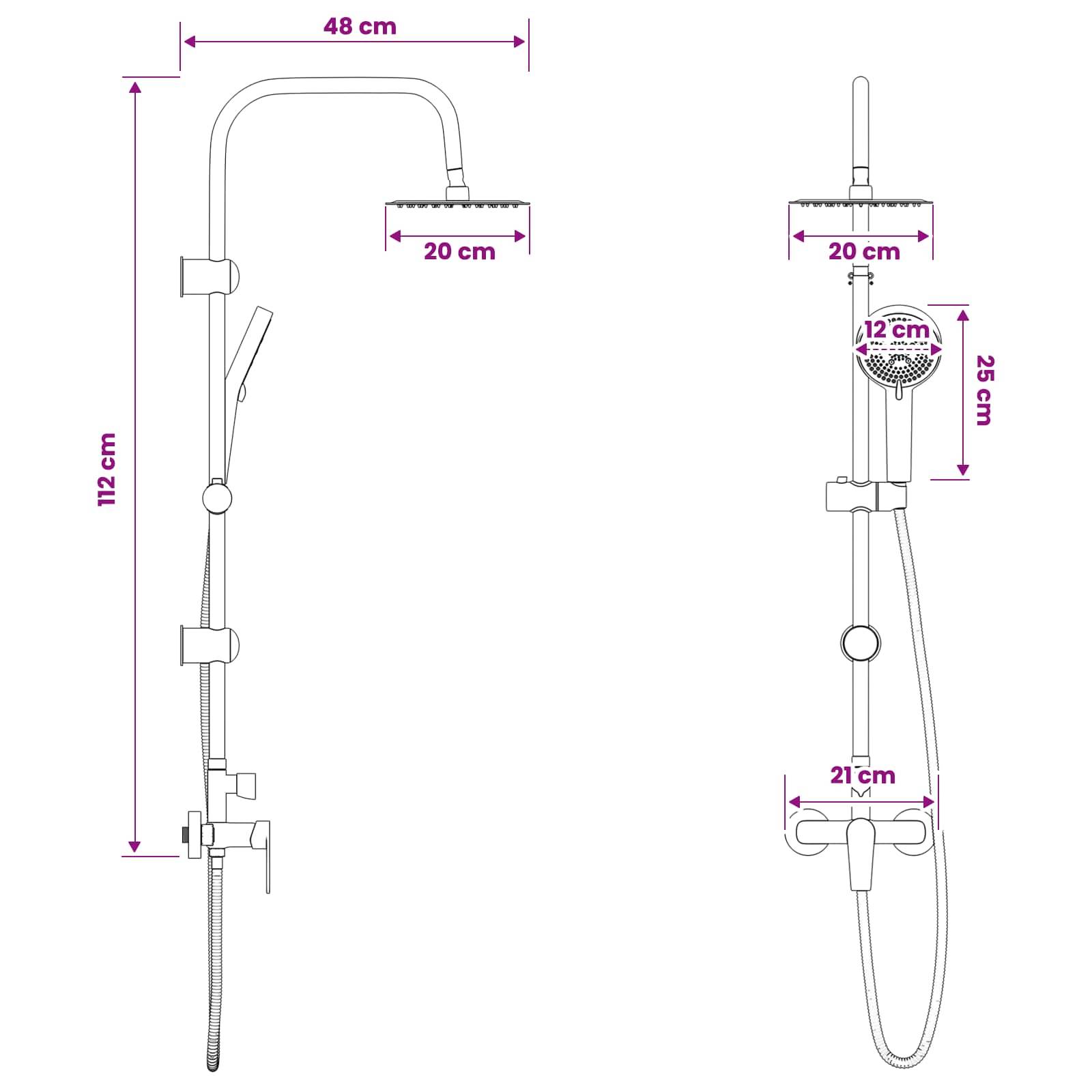 Technisches Duschsystem-Diagramm mit Seiten- und Frontansicht mit Abmessungen: 112 cm Höhe, 48 cm Armspannweite, 20 cm Duschkopfbreite, 12 cm Kopfdurchmesser, 25 cm oberer Abschnitt, 21 cm untere Steuerbreite.