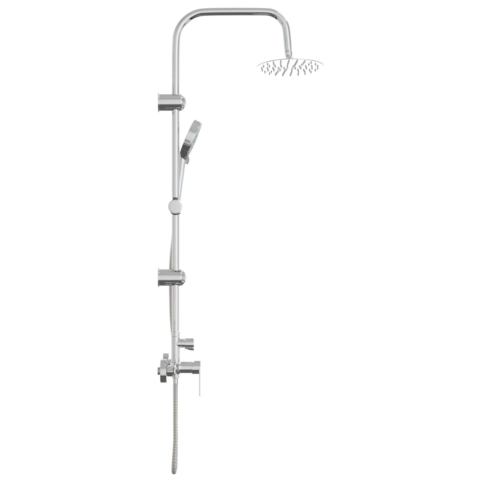 Chrome-Duschsäule mit Überkopf-Regenduschkopf und tragbarem Duschhandstück auf weißem Hintergrund.