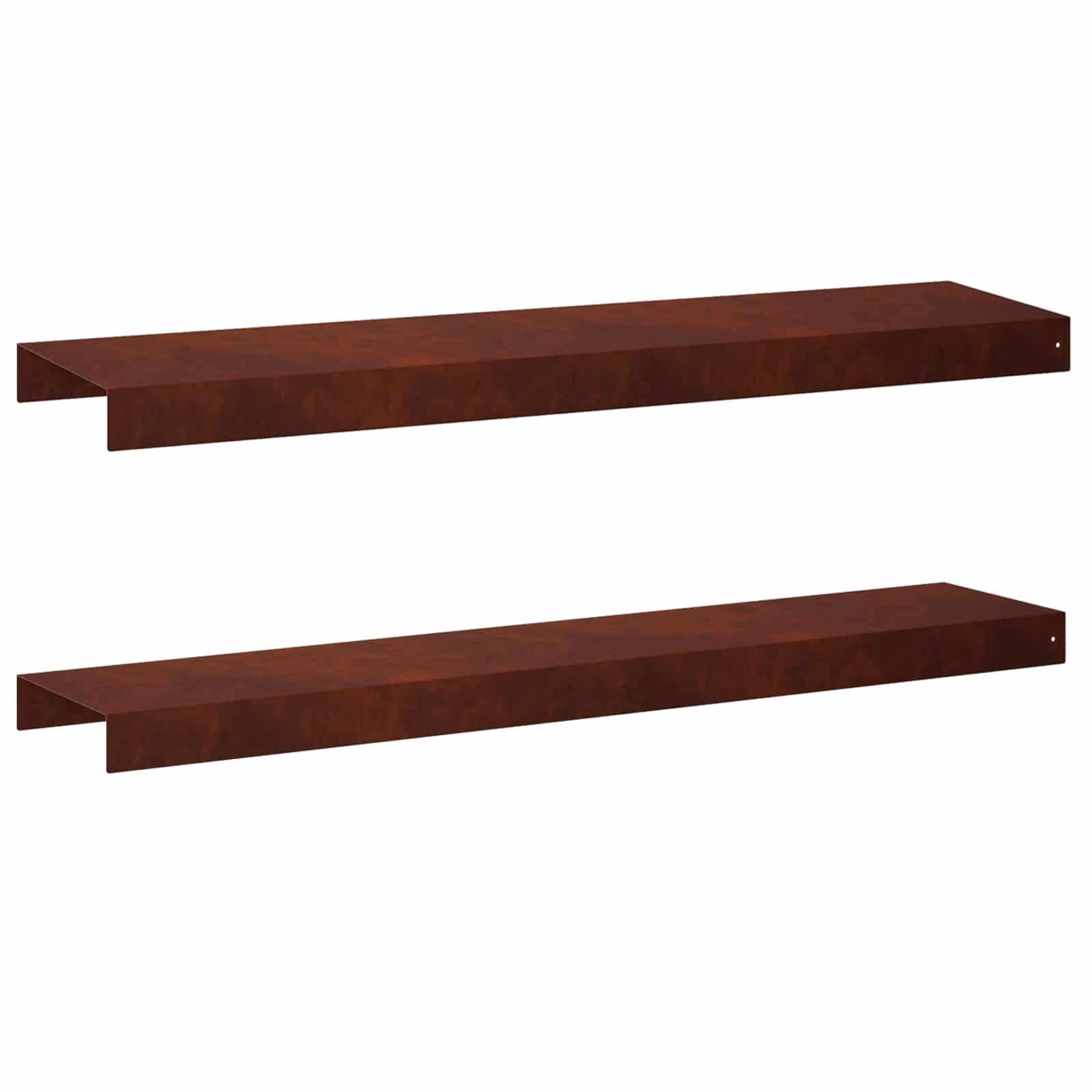 Zwei lange braune Holzwandregale mit L-förmigen Halterungen, separat auf weißem Hintergrund dargestellt.