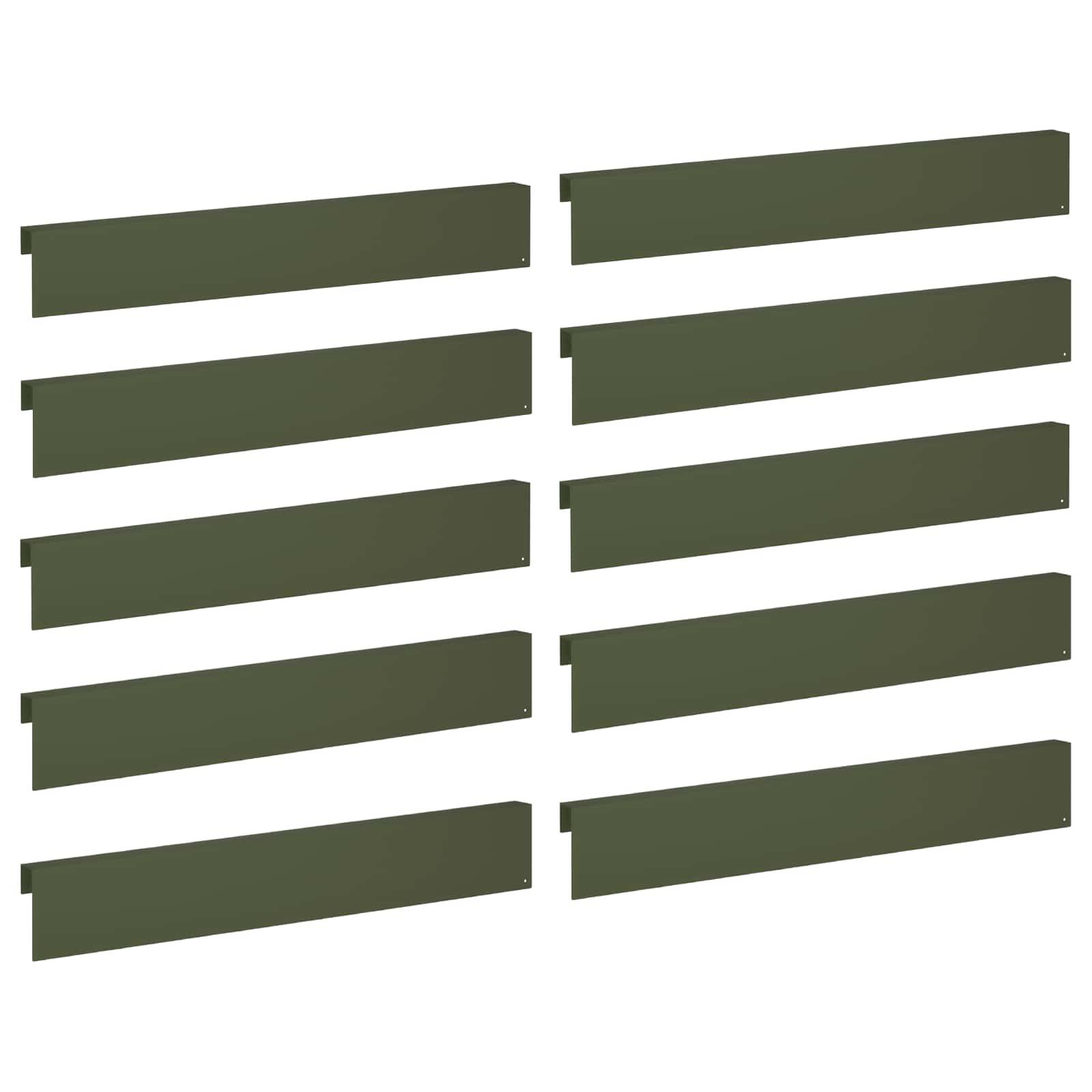 Zehn olivgrüne horizontale rechteckige Balken in zwei Spalten auf weißem Hintergrund, gleichmäßig angeordnet wie ein einfaches Layout-Diagramm.