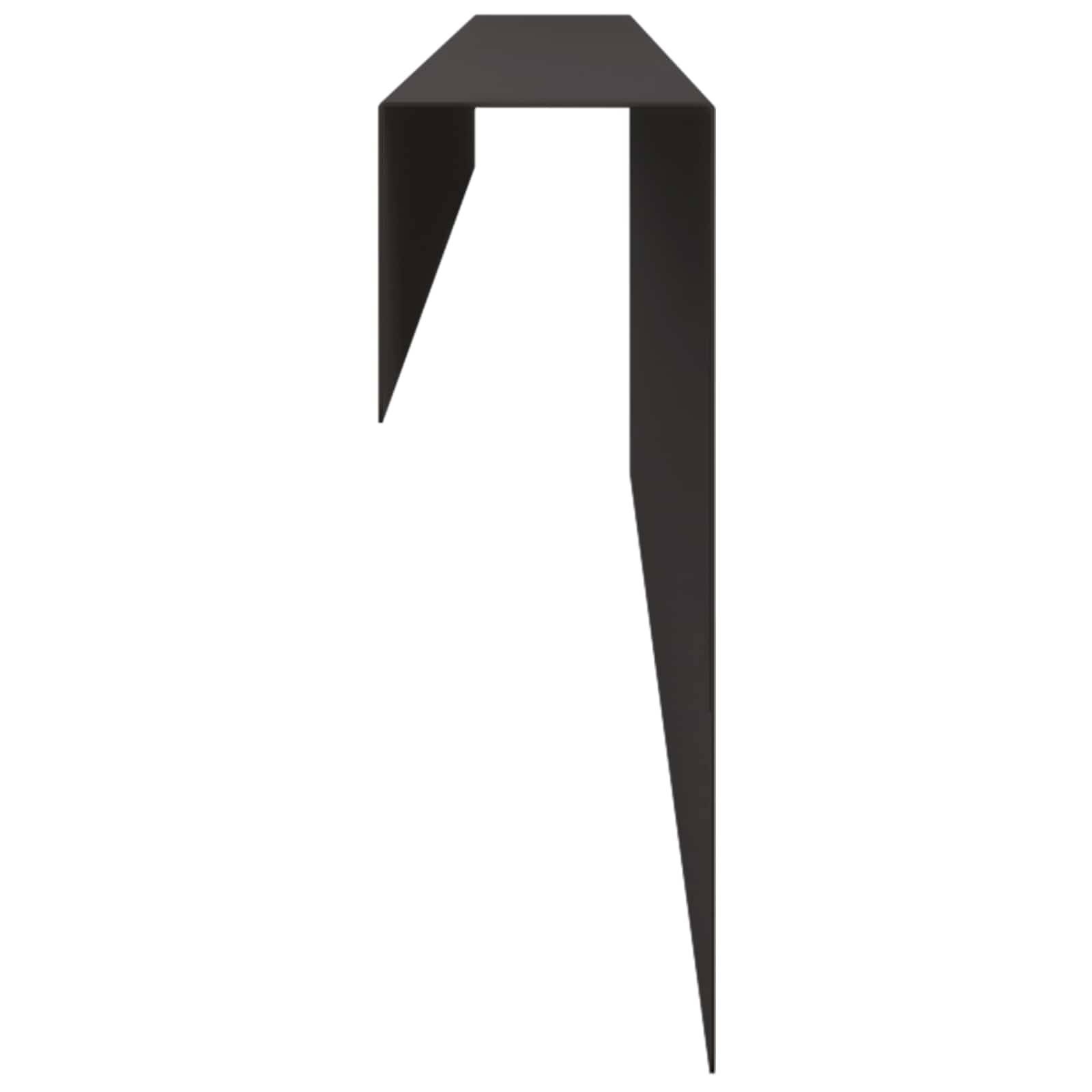 Schwarze geometrische abstrakte Form, die einem nach unten weisenden Band oder einer Klammer auf weißem Hintergrund ähnelt.