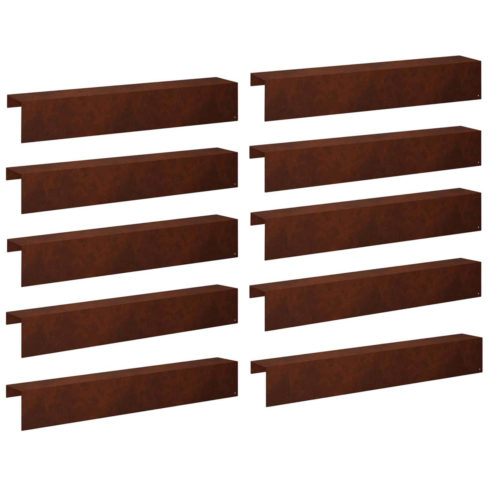 Zehn rostbraune Metallregalbrackets oder wandmontierte Halterungen in zwei vertikalen Reihen auf weißem Hintergrund.