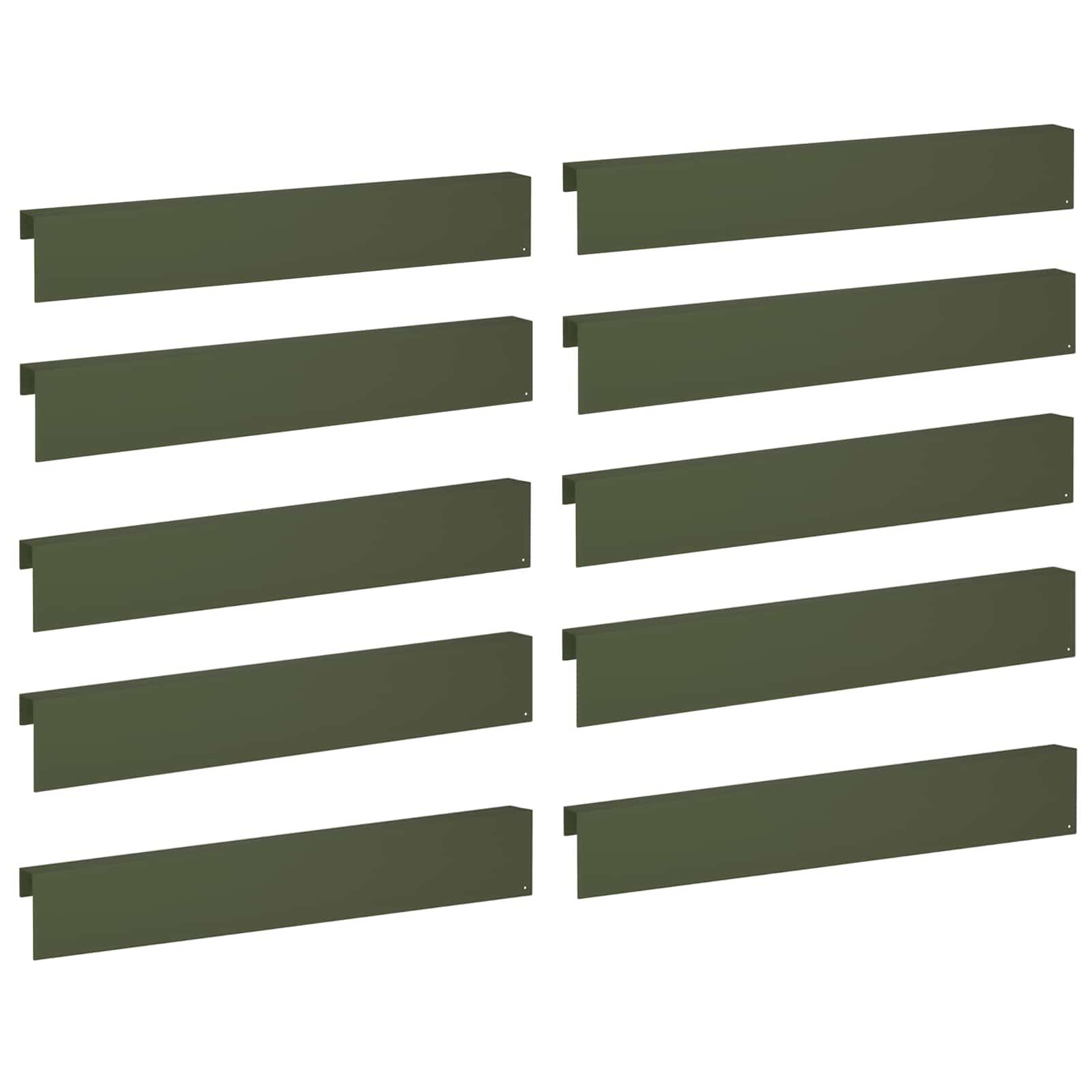 Zehn dunkelgrüne horizontale rechteckige Balken, die in zwei Spalten auf weißem Hintergrund angeordnet sind und einem einfachen Layout oder einem Stapel von Etiketten ähneln.