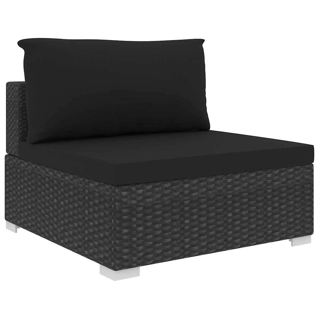 Schwarze Outdoor-Liegeliege mit gewebter Rattanbasis, gepolstertem Sitz und passendem Rückenkissen auf weißem Hintergrund.