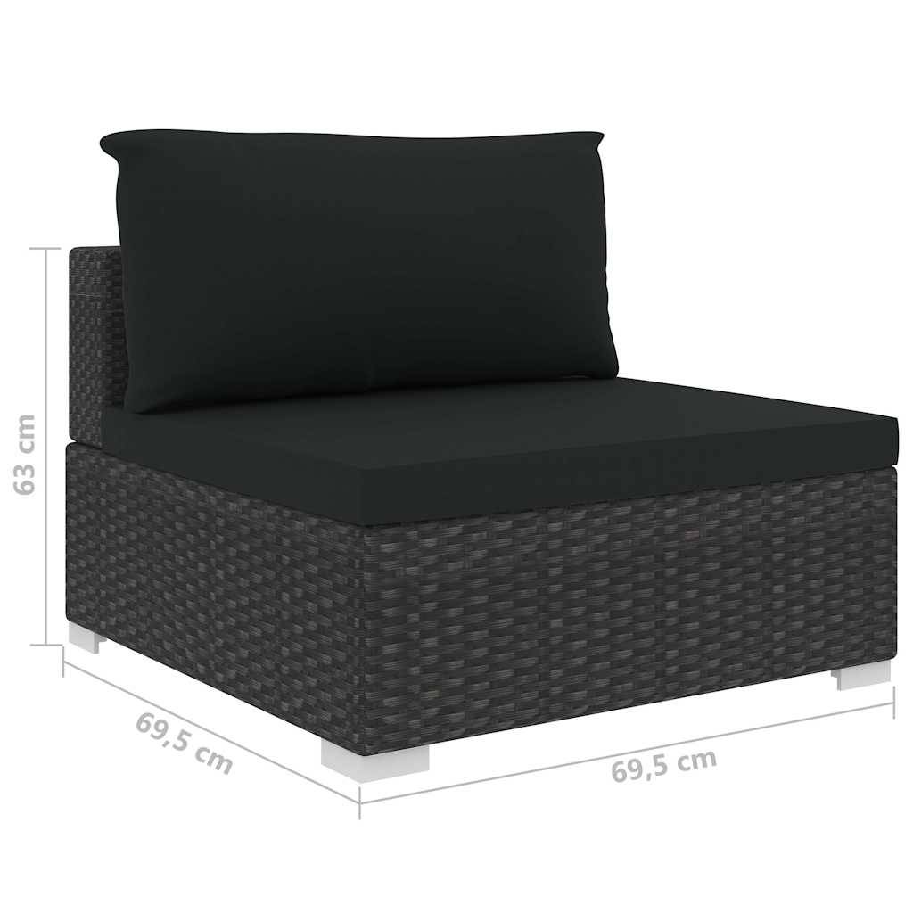 Schwarzer Rattan-Outdoor-Loungesessel mit Kissen und Rückenkissen, gezeigt mit den Maßen 69,5 cm Breite, 69,5 cm Tiefe und 63 cm Höhe.