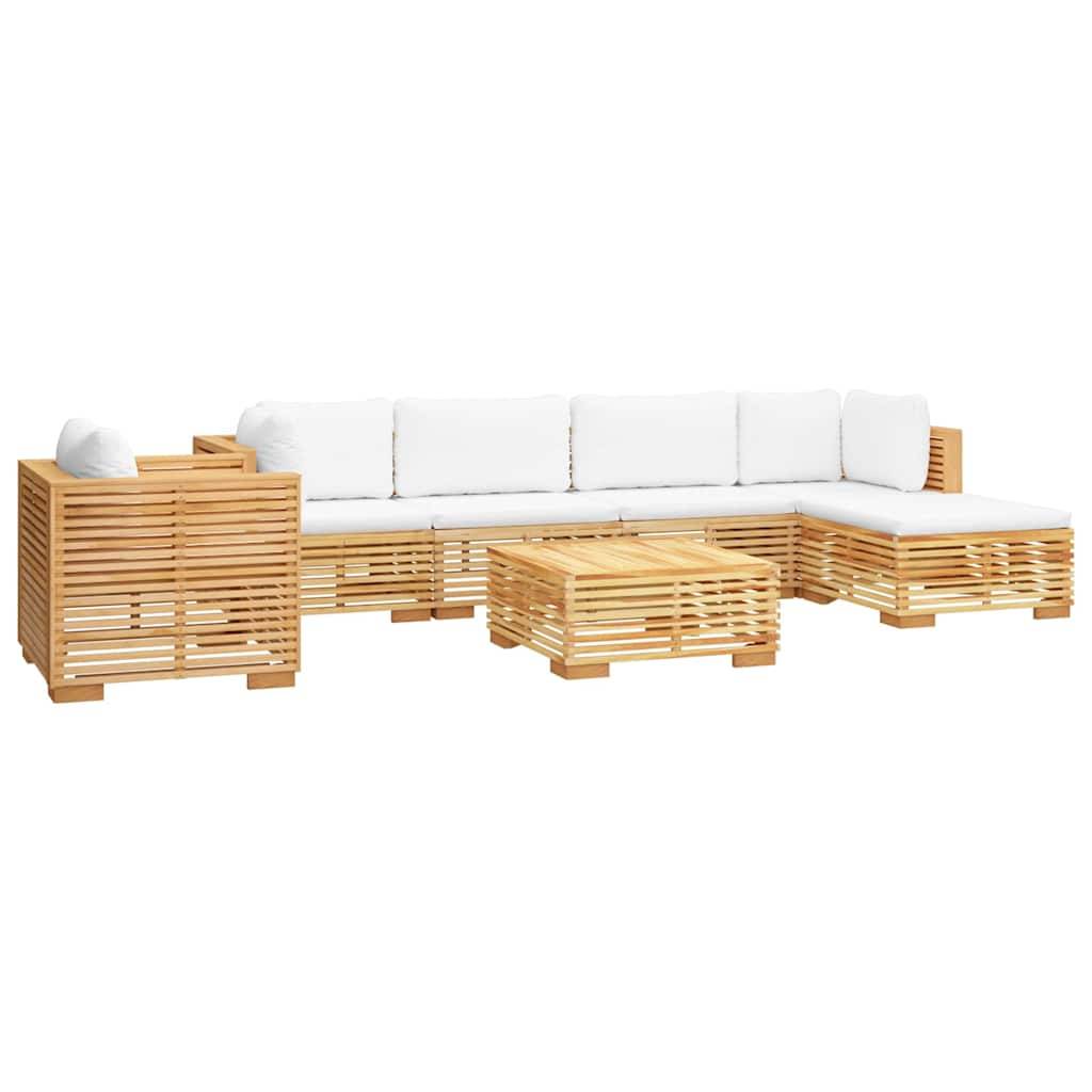 L-förmiges Outdoor-Loungemöbel-Set mit weißen Kissen, Holzrahmen mit Lamellen und passendem Couchtisch auf weißem Hintergrund.