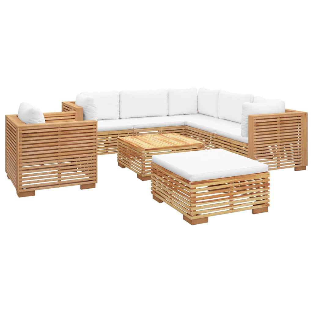 Holz-Terrassenmöbel-Set mit weißen Kissen im Freien, bestehend aus Ecksofa, Sesseln, Couchtisch und Ottomane.