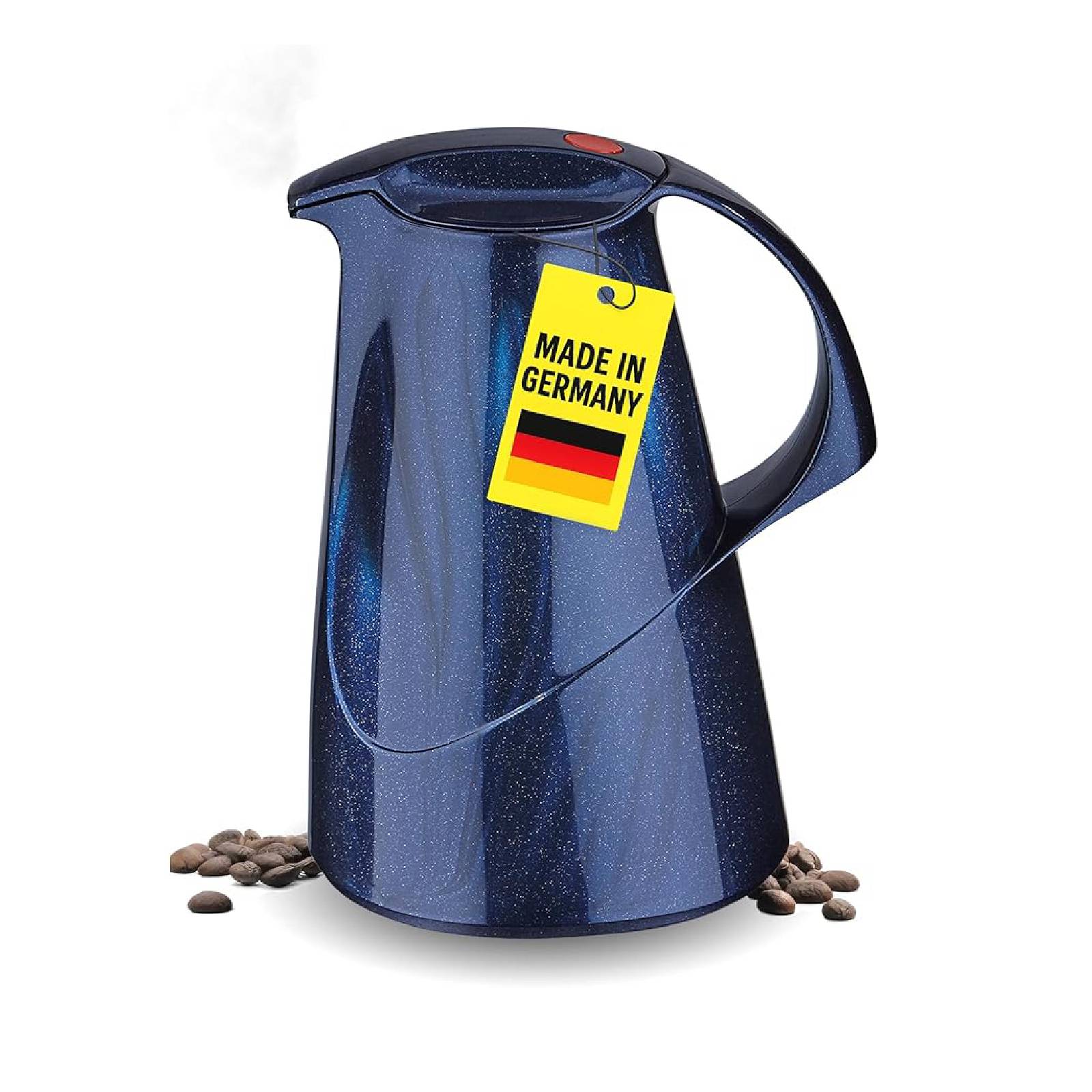 Blauer isolierter Kaffeebehälter mit einem „Made in Germany