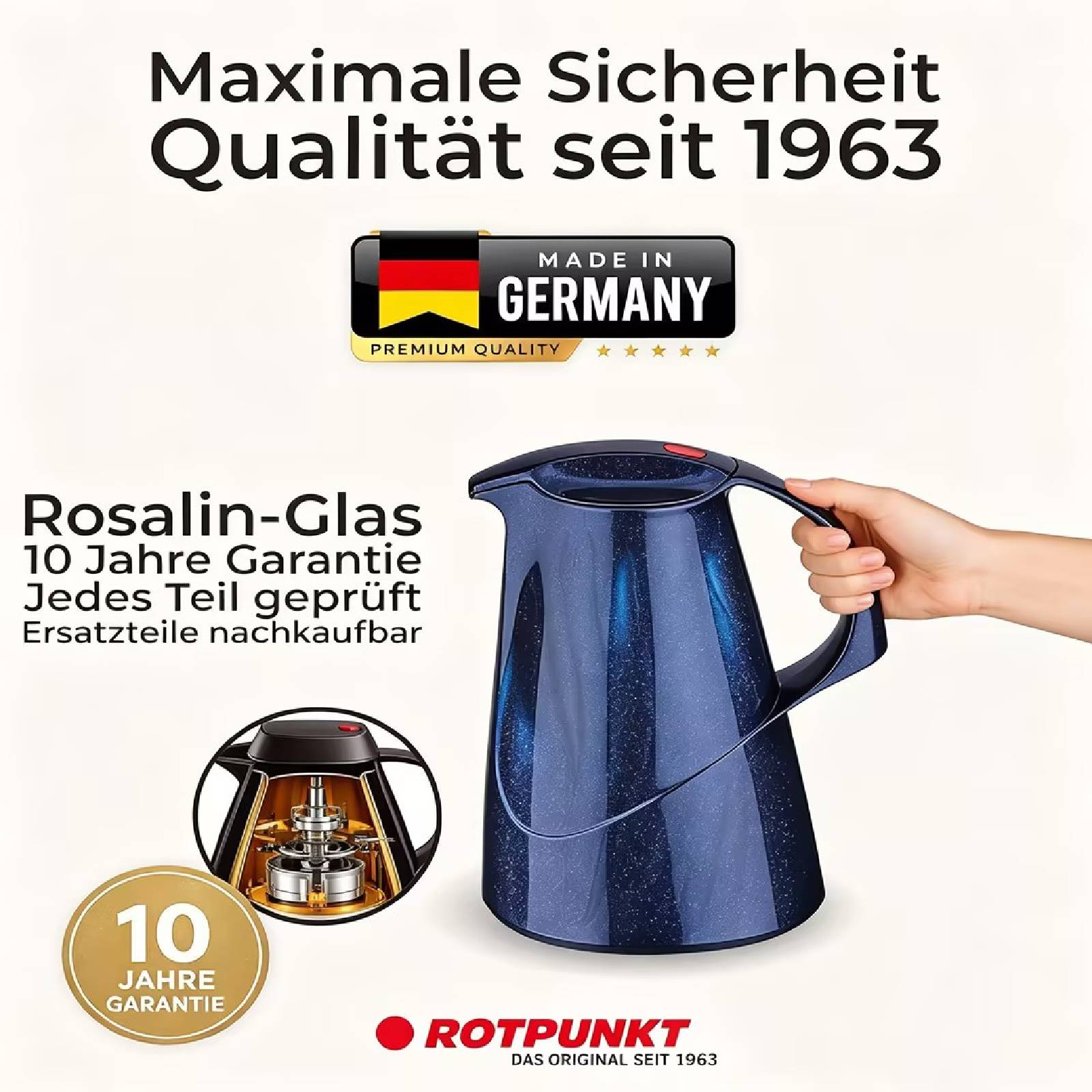 Werbung für Rotpunkt Glas-Elektrokessel mit einer Hand, die einen blauen Kessel hält; der Text hebt „Maximale Sicherheit