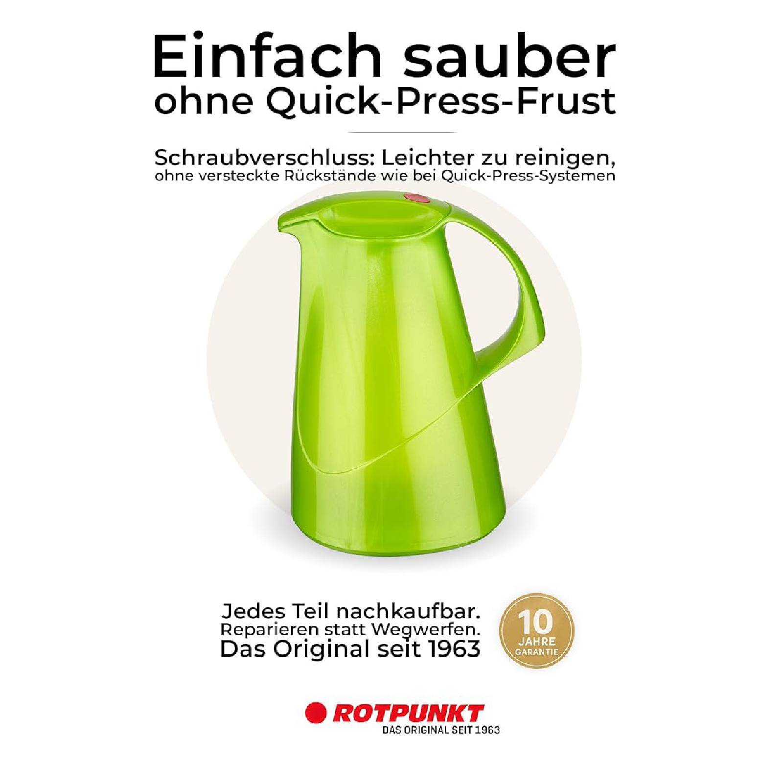 Grüner Rotpunkt-Krug mit Schraubverschluss. Der Text besagt, dass er leicht zu reinigen ist, keine Quick-Press-Rückstände hinterlässt, jedes Teil austauschbar ist und eine 10-Jahres-Garantie beinhaltet.