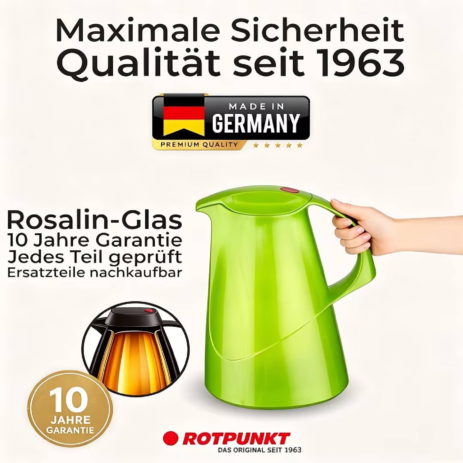 Anzeige für eine grüne Rotpunkt Thermoskanne, „Made in Germany