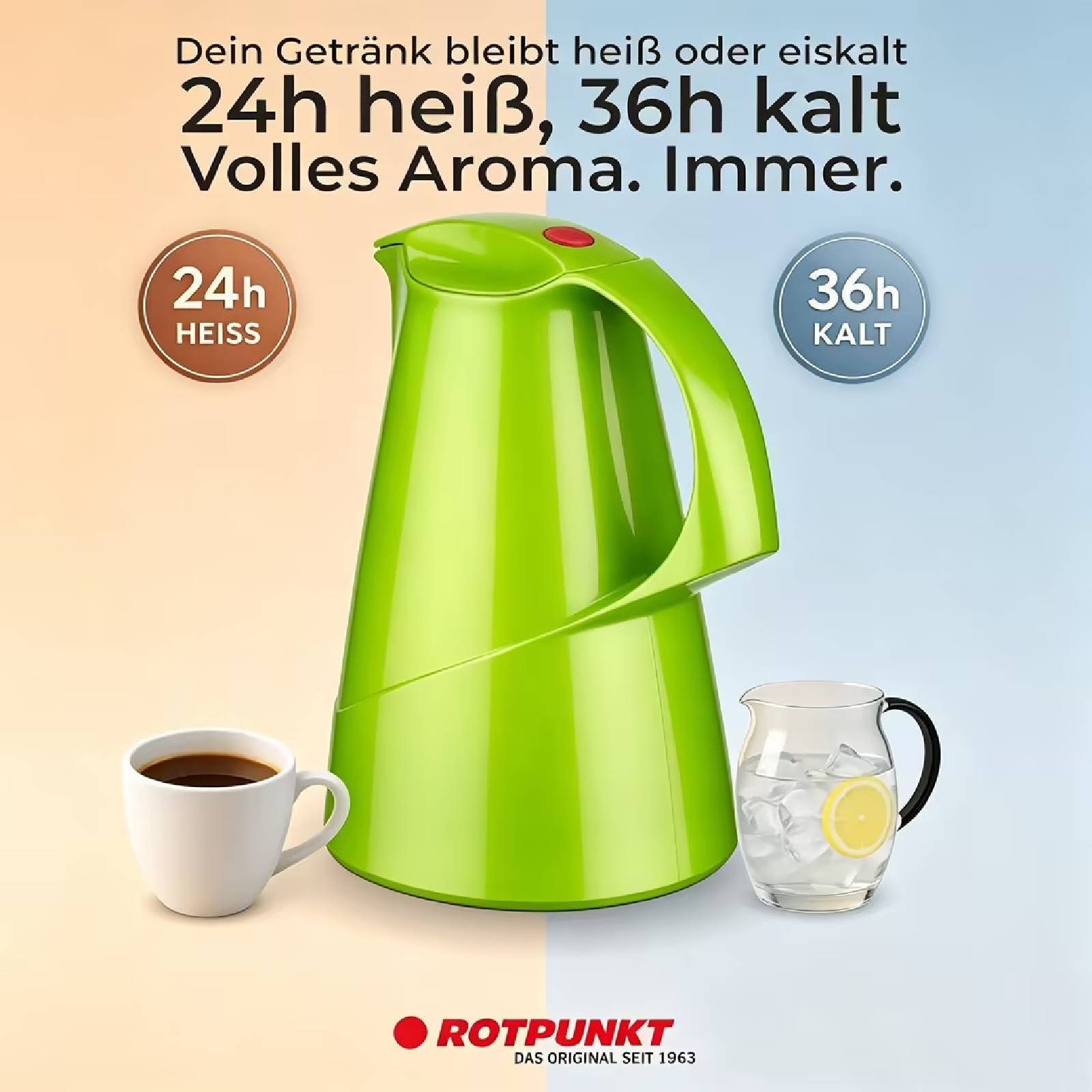 Werbung für eine grüne isolierte Thermoskanne: hält Getränke 24 Stunden heiß oder 36 Stunden kalt, mit Kaffee und Eiswasser neben dem Produkt abgebildet.