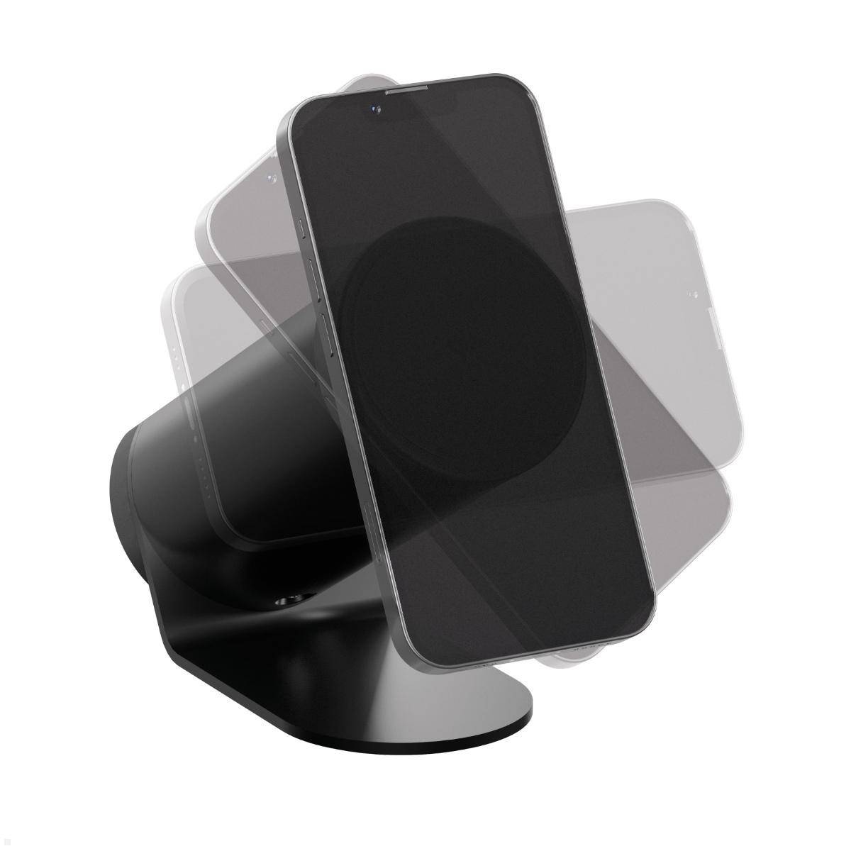 Schwarzes Smartphone in mehreren gewinkelte Positionen auf einem rotierenden Ständer gezeigt, das verstellbare Betrachtungswinkel veranschaulicht.