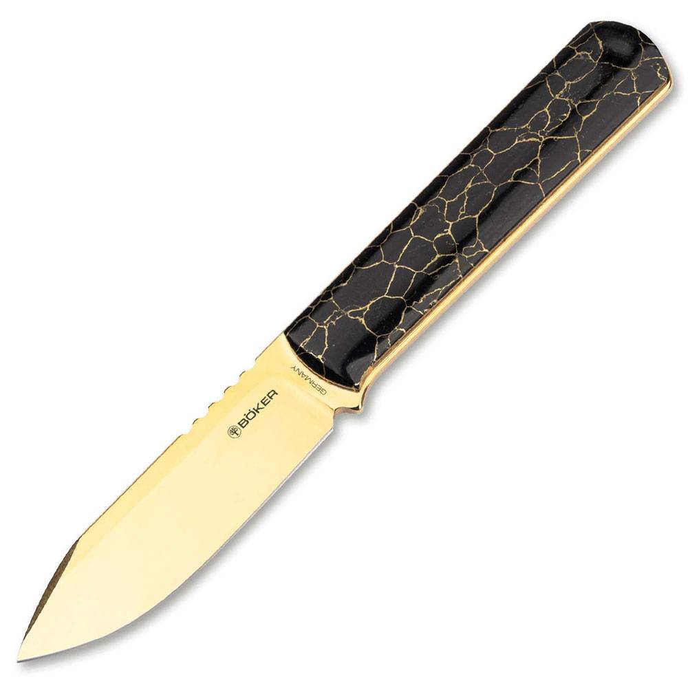 Goldfarben fixiertes Messer mit schwarzem Griff mit Rissenmuster, gezeigt auf weißem Hintergrund.