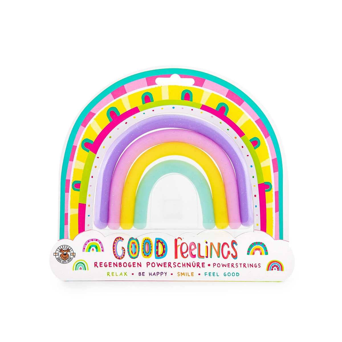 Buntes regenbogenförmiges Spielzeug oder Dekordisplay mit dem Text „GOOD FEELINGS