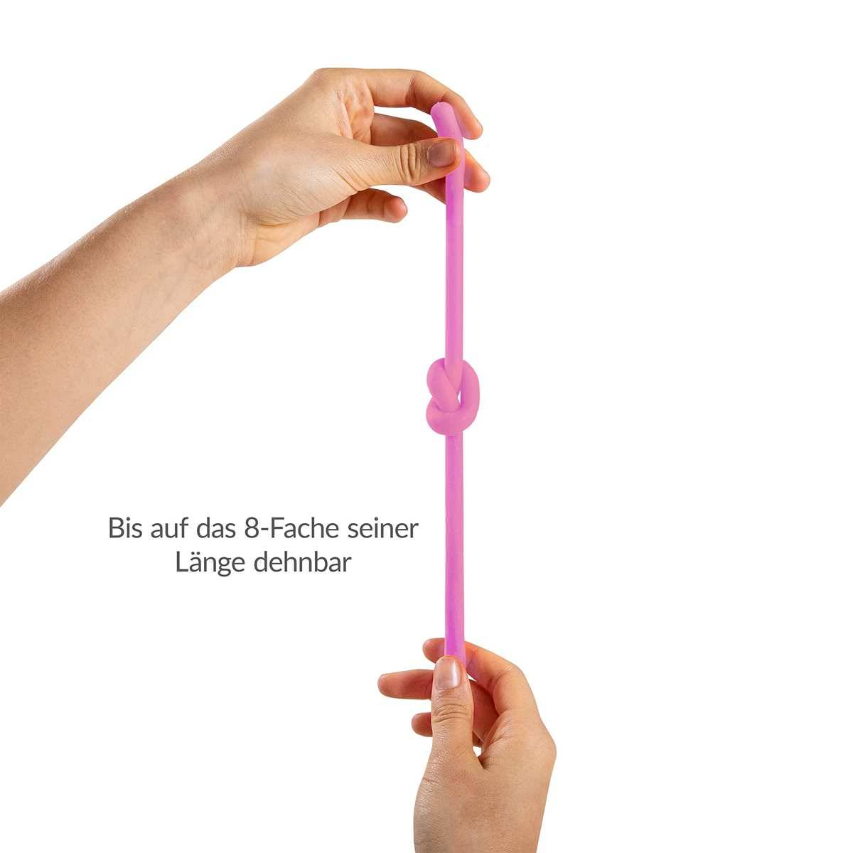 Hand dehnt eine rosa elastische Schleife vertikal; Text besagt „Bis auf das 8-Fache seiner Länge dehnbar