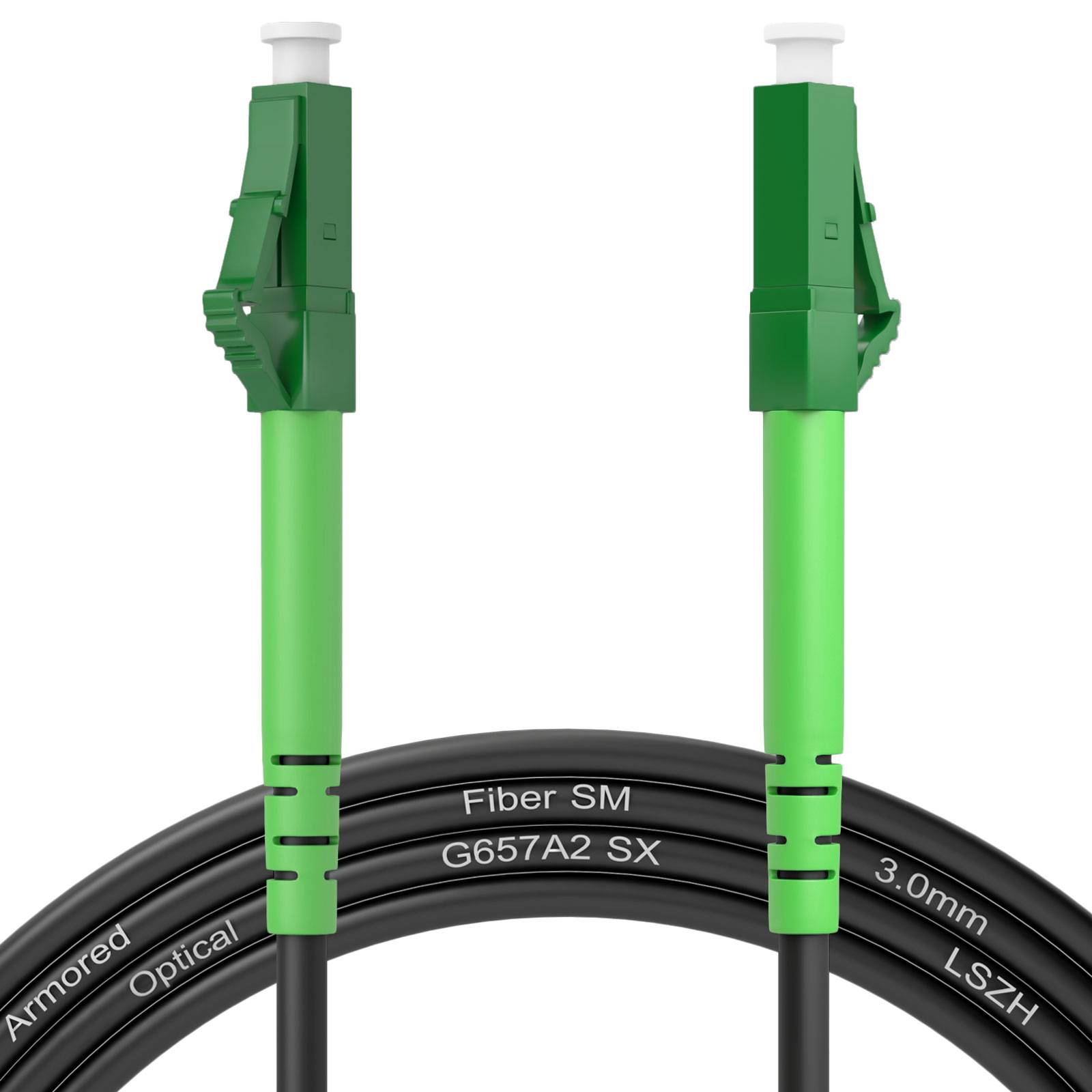 Zwei grüne Lichtwellenleitersteckverbinder, die mit schwarzem gepanzertem Optokabel verbunden sind, gekennzeichnet mit „Fiber SM G657A2 SX