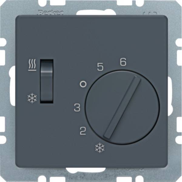 Grauer Wandthermostat mit einem linken Heiz-/Kühl-Schieber und einem rechten Temperaturwählrad mit den Beschriftungen 0, 2, 3, 5, 6 sowie Schneeflocken- und Wärmesymbolen.
