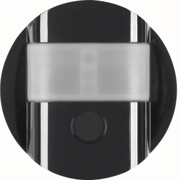 Schwarze kreisförmige Wandleuchte mit einem matten horizontalen Diffusor und einem zentralen runden Knopf oder Sensor.
