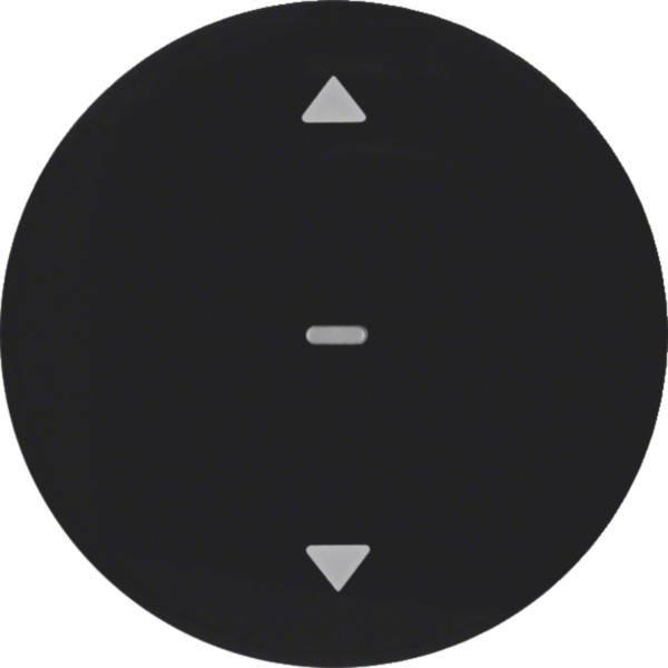 Schwarze kreisförmige Steuertaste mit nach oben und unten weisenden Dreieck-Symbolen und einem Minus-Symbol in der Mitte, wahrscheinlich für Lautstärke oder Navigation.