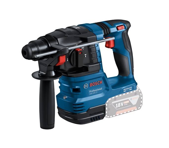 Blauer Bosch Professional 18V Akku-Bohrhammer mit Seitenhaltegriff und Akku-Pack, isoliert vor weißem Hintergrund dargestellt.