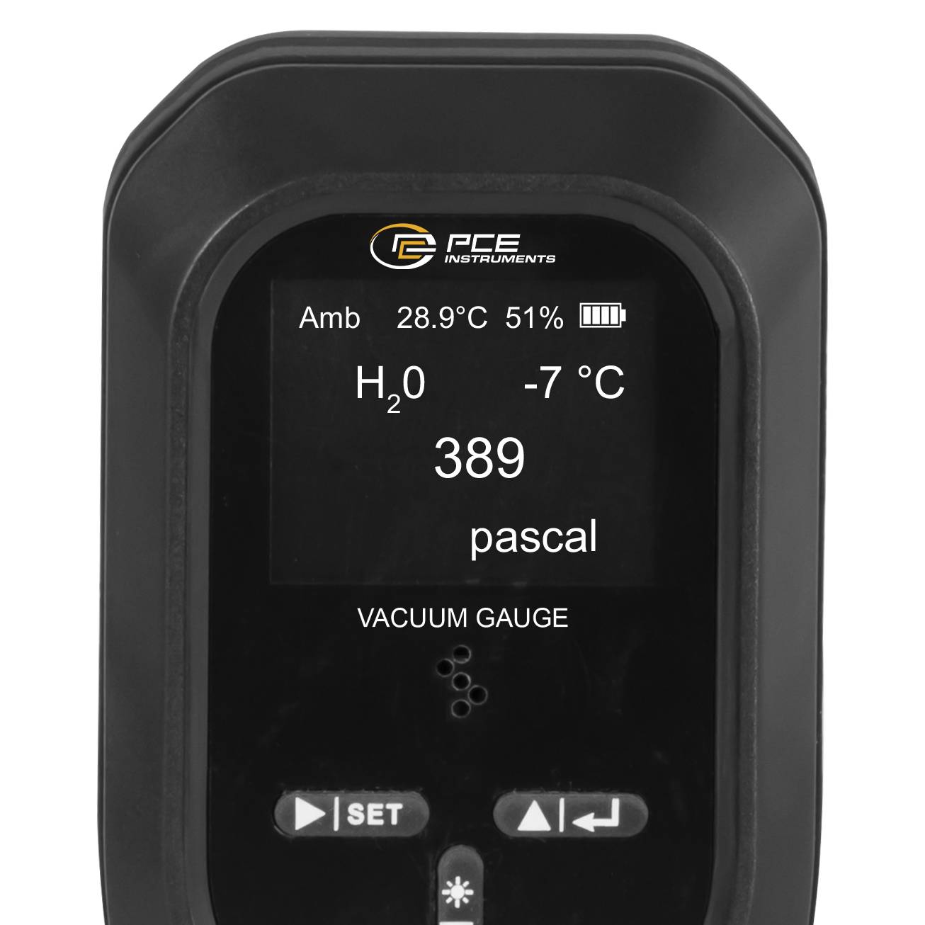 Digitales Vakuummessgerät zeigt H2O -7°C und 389 Pascal an, mit Umgebungstemperatur 28,9°C und 51% Akkustand auf dem Display.