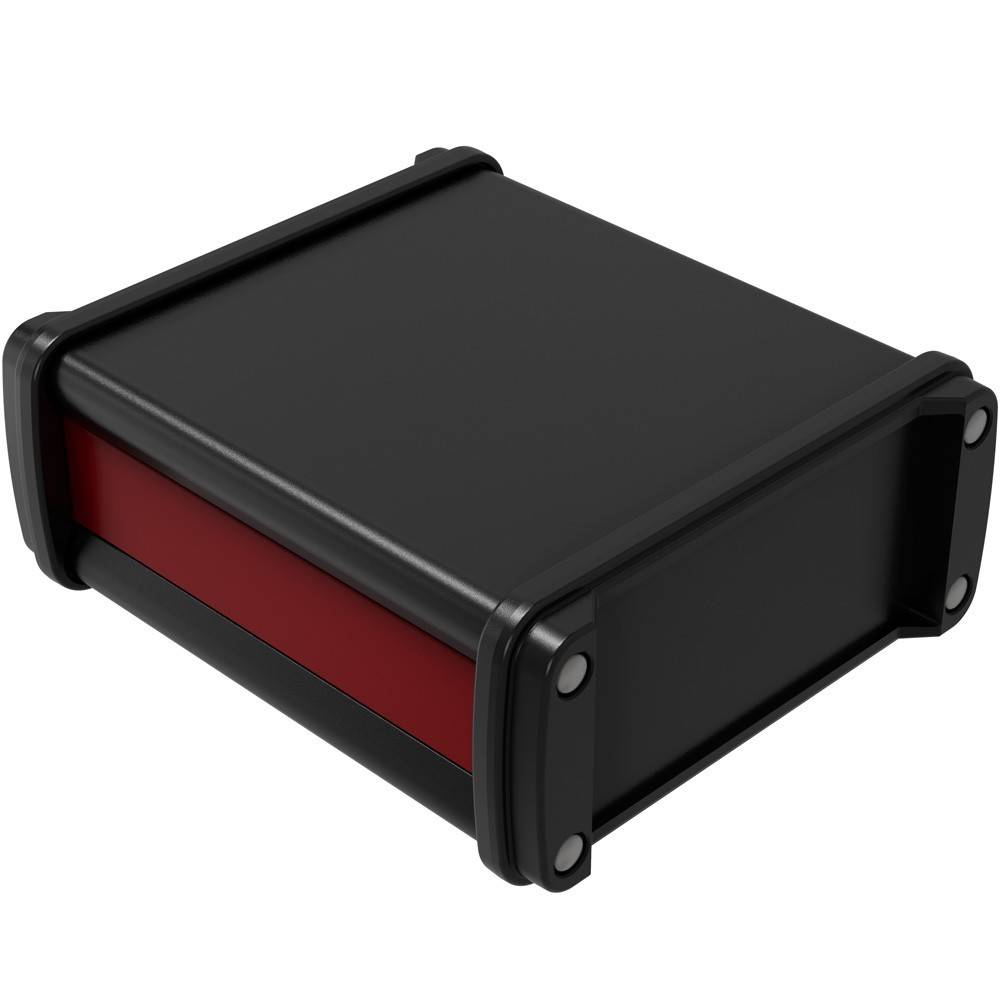 Schwarzes rechteckiges elektronisches Gehäuse mit rotem Seitenpanel, in Perspektive auf weißem Hintergrund dargestellt.