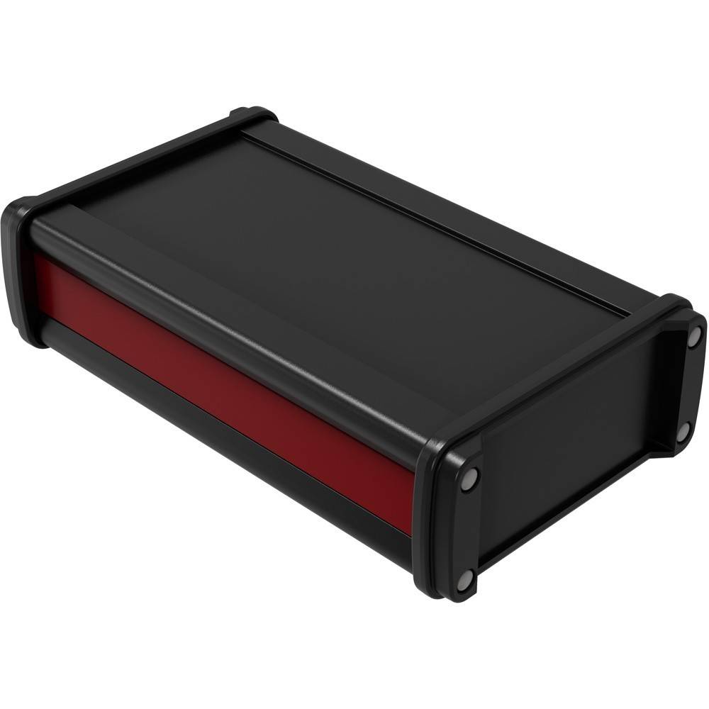 Schwarzes rechteckiges Elektronikgehäuse mit rotem Seitenpanel und Befestigungsflansche, in Perspektive auf weißem Hintergrund dargestellt.