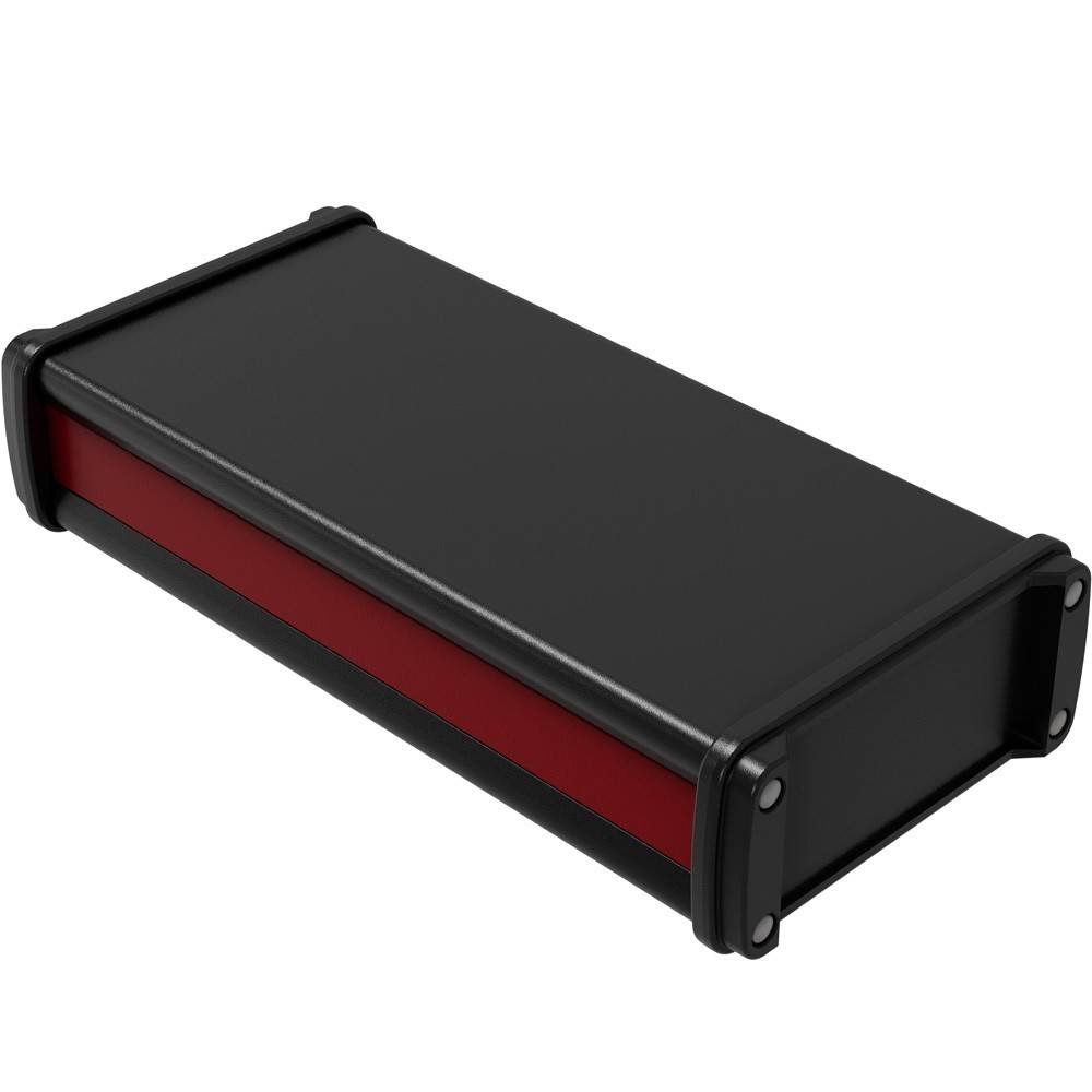 Schwarzes rechteckiges elektronisches Gehäuse mit rotem Seitenpanel und Endkappen, in Perspektive auf weißem Hintergrund dargestellt.